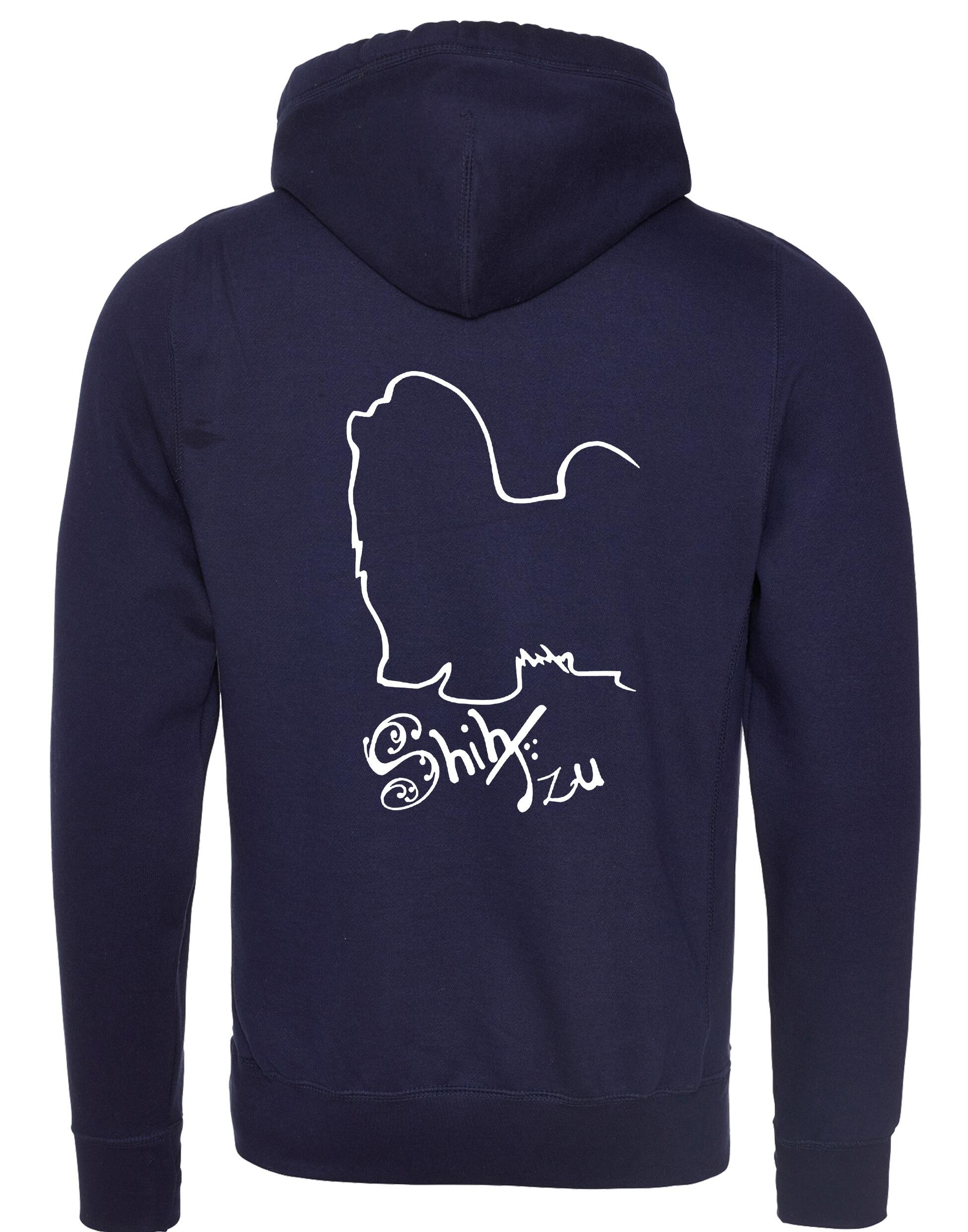 Unisex Shih Tzu crossneck hoodie with fleece lining and detailed breed design on the back, featuring kangaroo pocket and modern collar style.