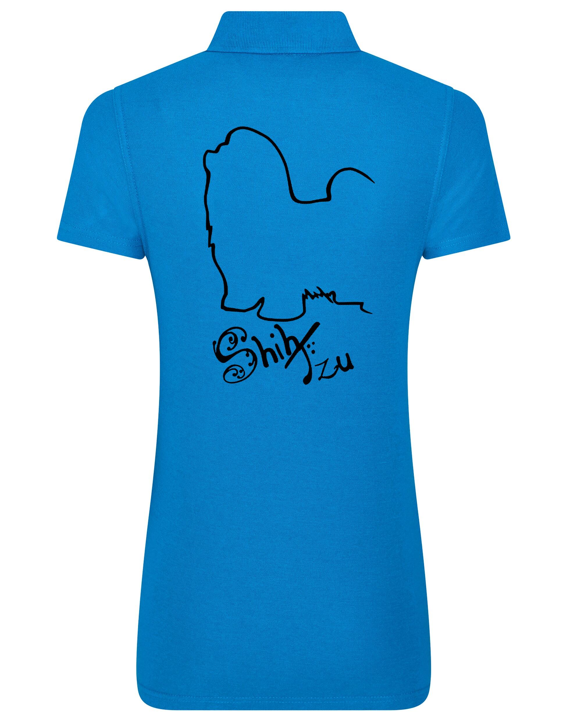 Women’s cotton polo shirt featuring exclusive Shih Tzu artwork on the back, with a flattering feminine fit, breathable fabric, and classic collar—ideal for casual wear or dog events.