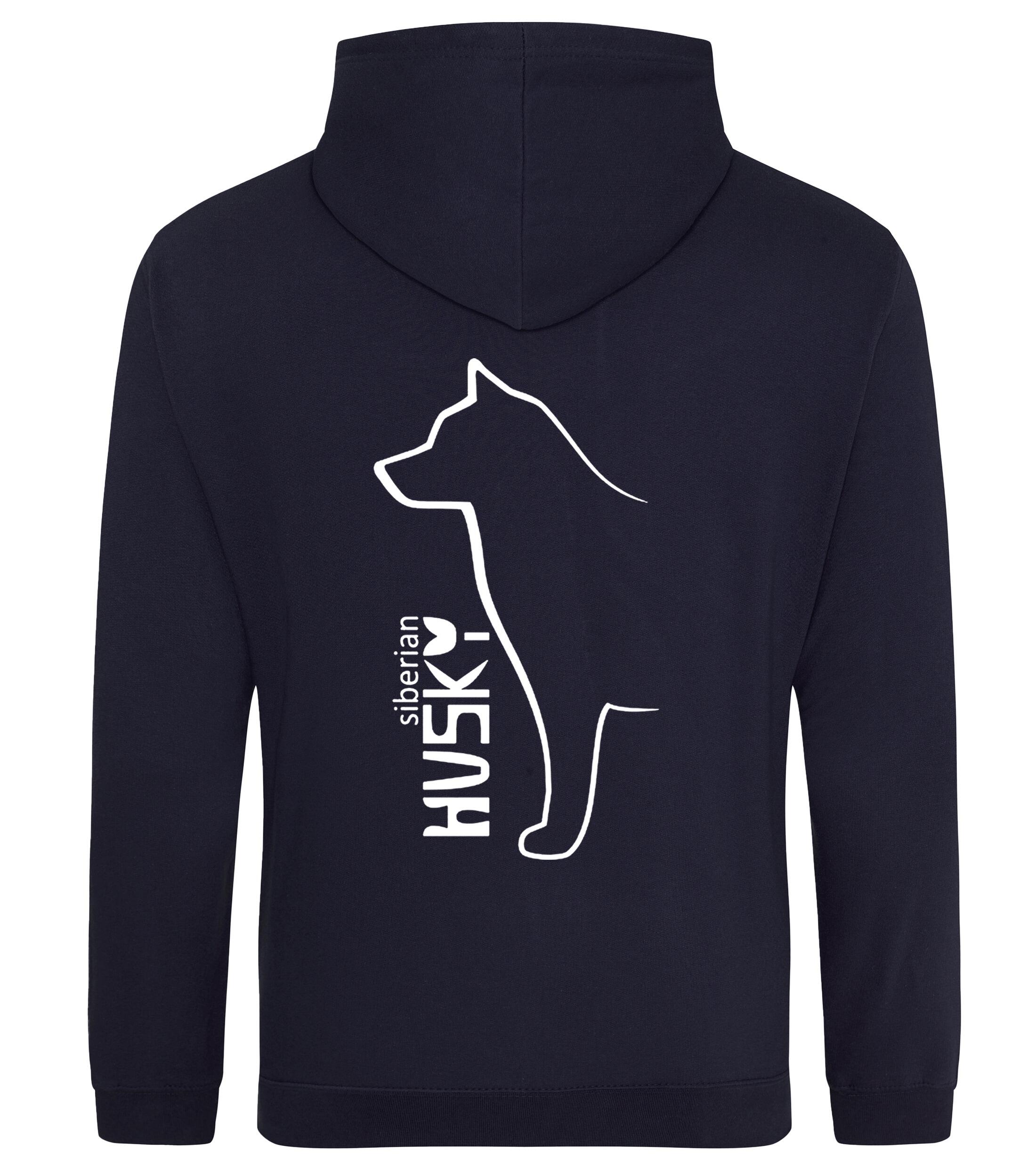 Unisex pullover hoodie featuring a detailed Siberian Husky design on the back with paw prints on the front, brushed fleece interior, double-fabric hood, and kangaroo pocket – ideal for dog walks, events, or lounging in style.