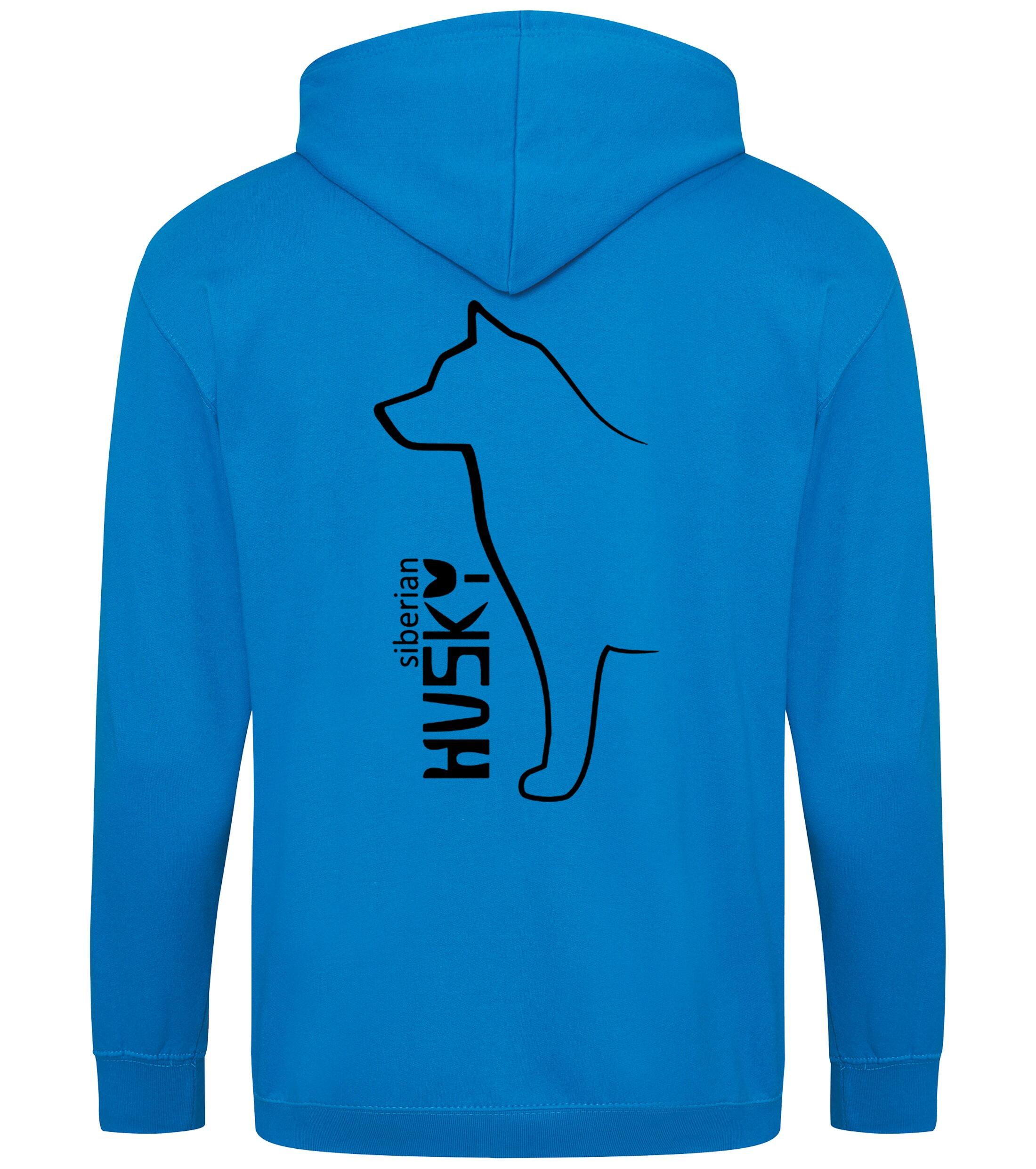 Unisex zipped hoodie featuring exclusive Siberian Husky artwork on the back and paw prints on the front, with a full-zip front, double-fabric hood, and cozy brushed fleece lining—ideal for Husky lovers seeking warmth and style.