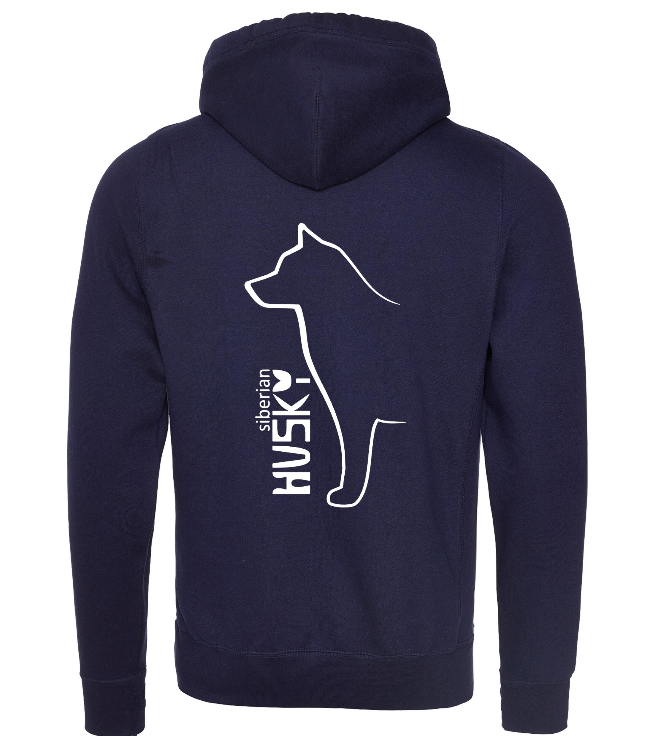 Unisex crossneck pullover hoodie featuring detailed Siberian Husky artwork on the back, made from heavy-blend fleece with a kangaroo pocket and ribbed cuffs—ideal for Husky enthusiasts seeking warmth and style.