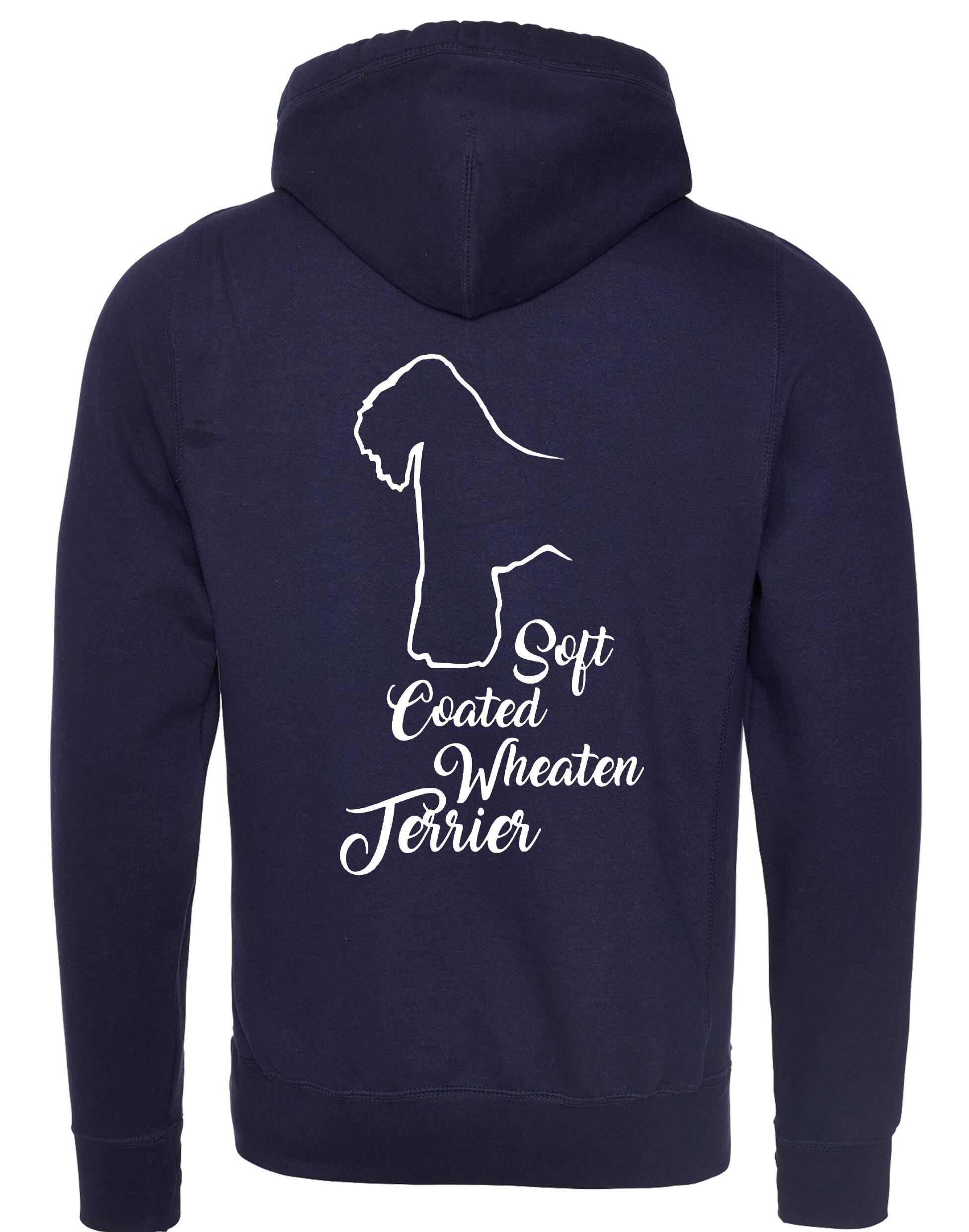 Unisex crossneck pullover hoodie with Soft Coated Wheaten Terrier artwork on the back, fleece-lined with kangaroo pocket