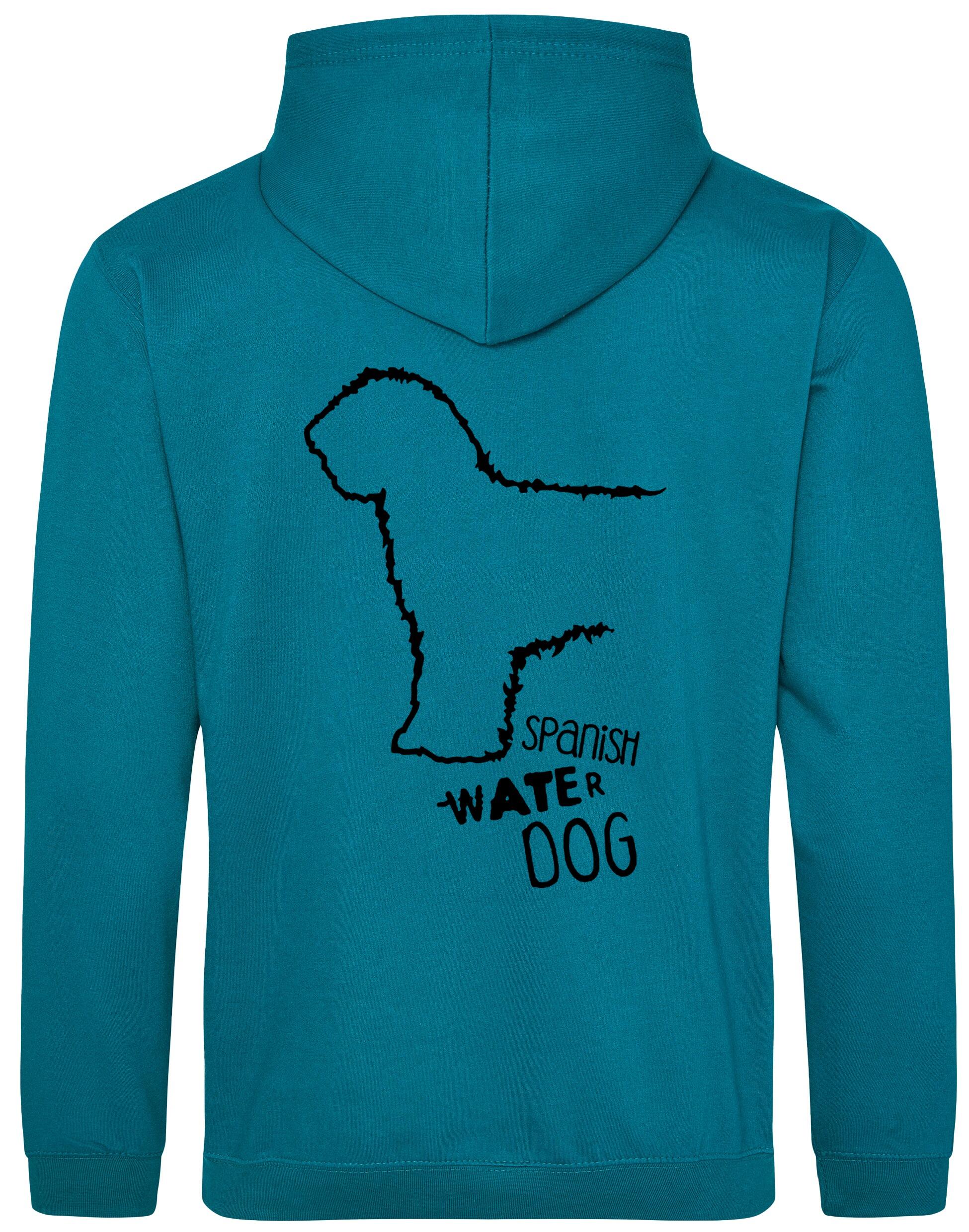 Pullover hoodie featuring Spanish Water Dog artwork on the back and paw prints on the front. Heavy-blend fabric with a brushed fleece interior, double-fabric hood, kangaroo pocket, and ribbed cuffs—ideal for cold weather, breed events, and casual comfort.