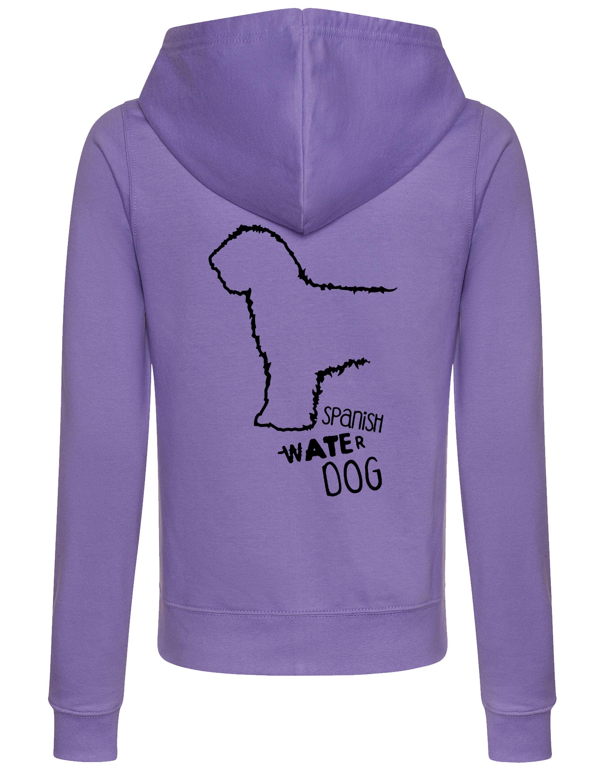 Women’s zipped hoodie featuring Spanish Water Dog artwork on the back. Lightweight, breathable fabric with a tailored feminine fit, cozy hood, and two front pockets. Ideal for casual wear, breed events, and everyday dog walks.