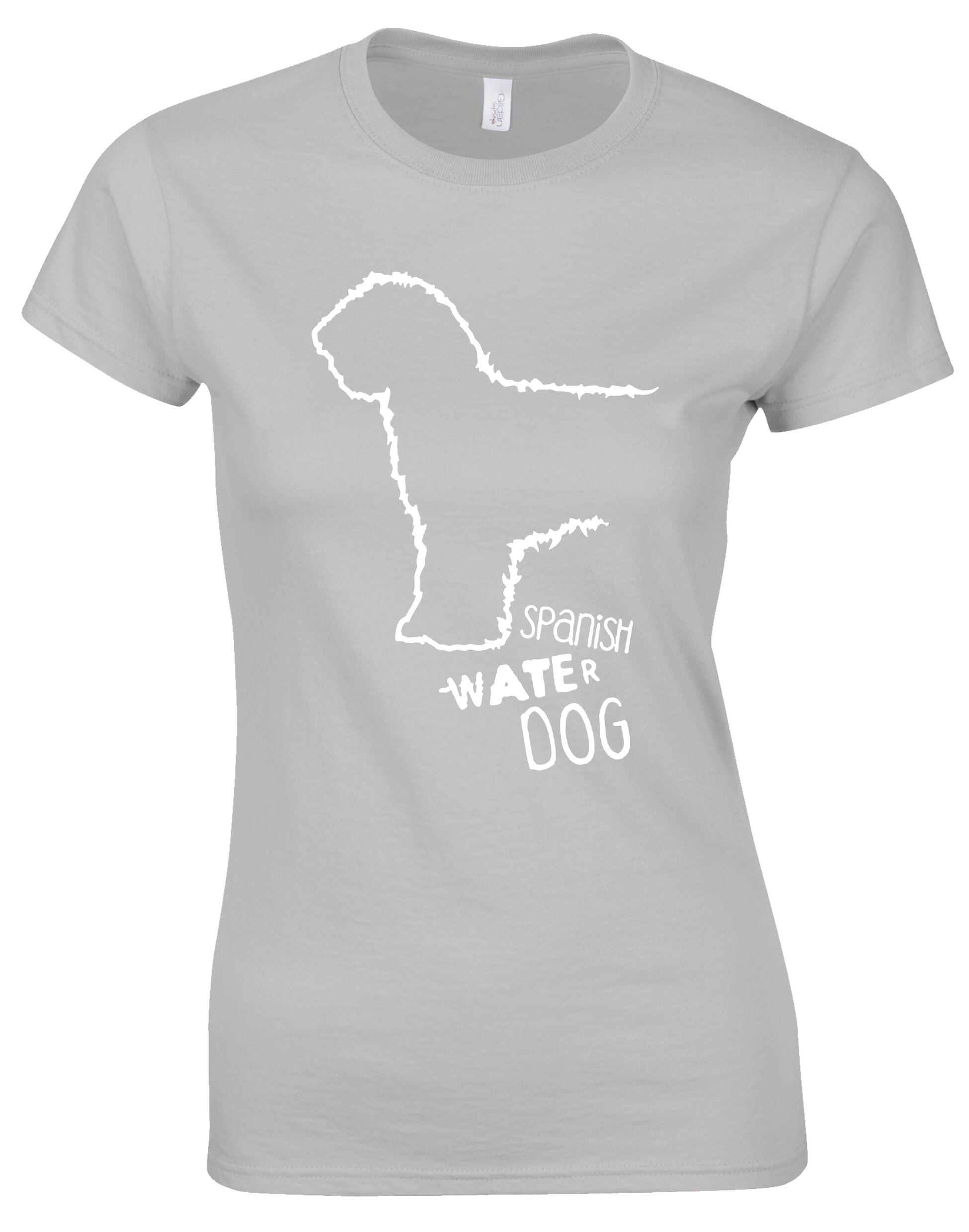Female Roundneck T-shirt featuring Spanish Water Dog artwork on the front. Made from soft, breathable cotton with a tailored feminine fit and classic round neckline—perfect for breed lovers.