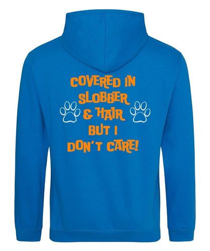 Covered In Slobber Design on a Sapphire Blue Pullover Hoodie Orange print