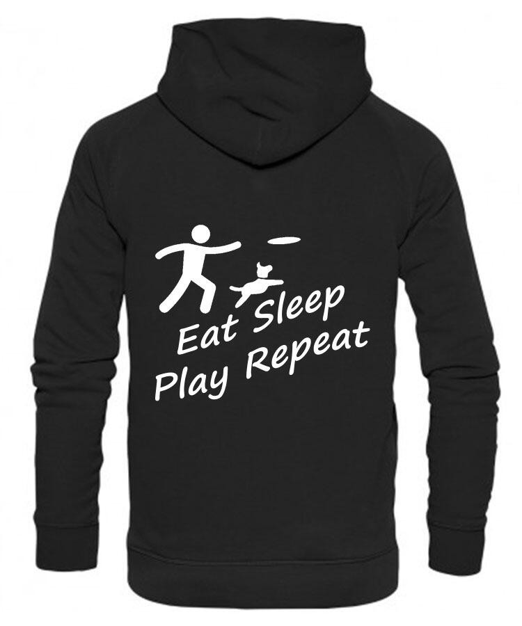 Eat Sleep Play Repeat Design on a Black Pullover Hoodie White Print