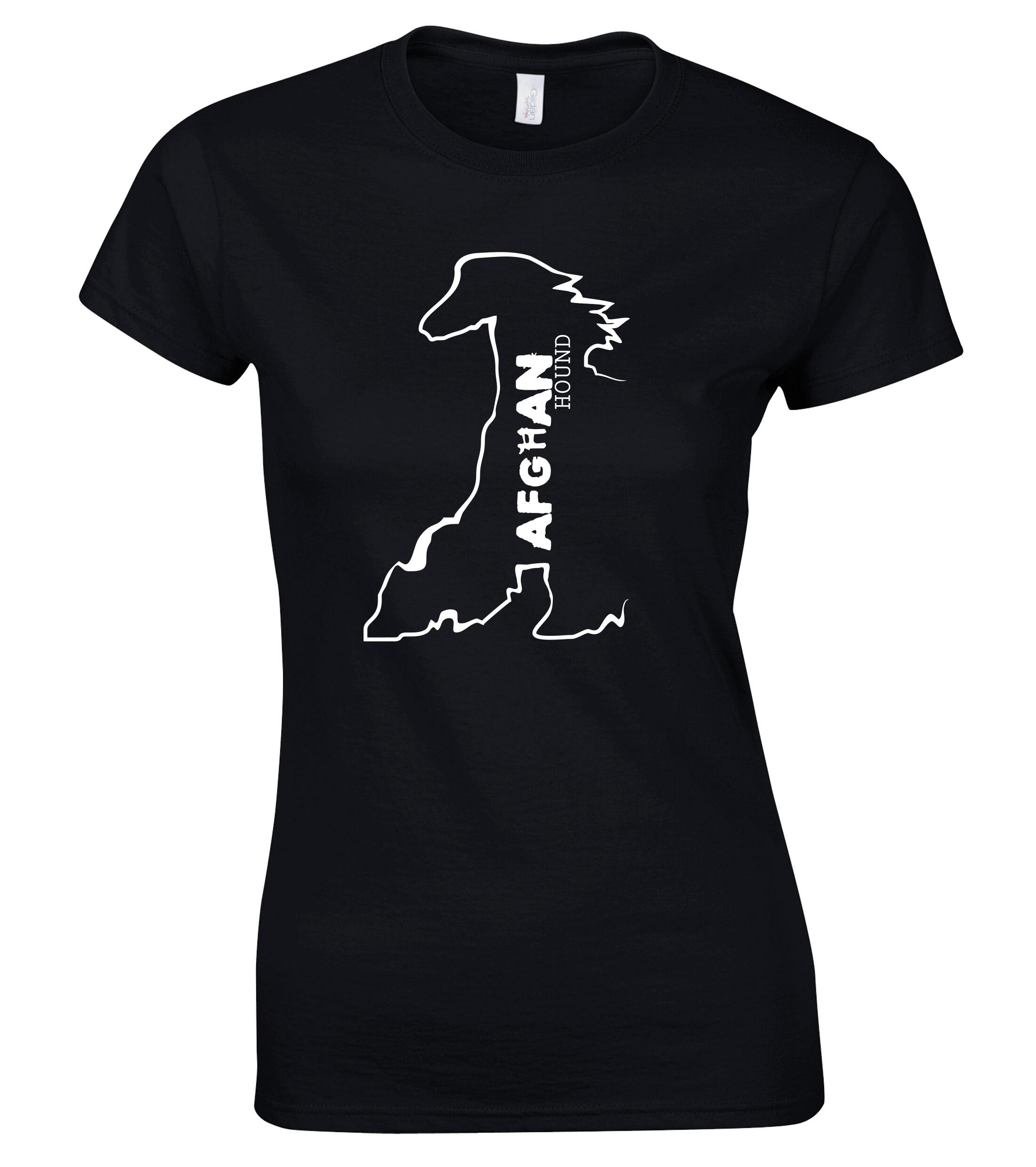 Female Afghan Hound Roundneck T-Shirt Black (White)