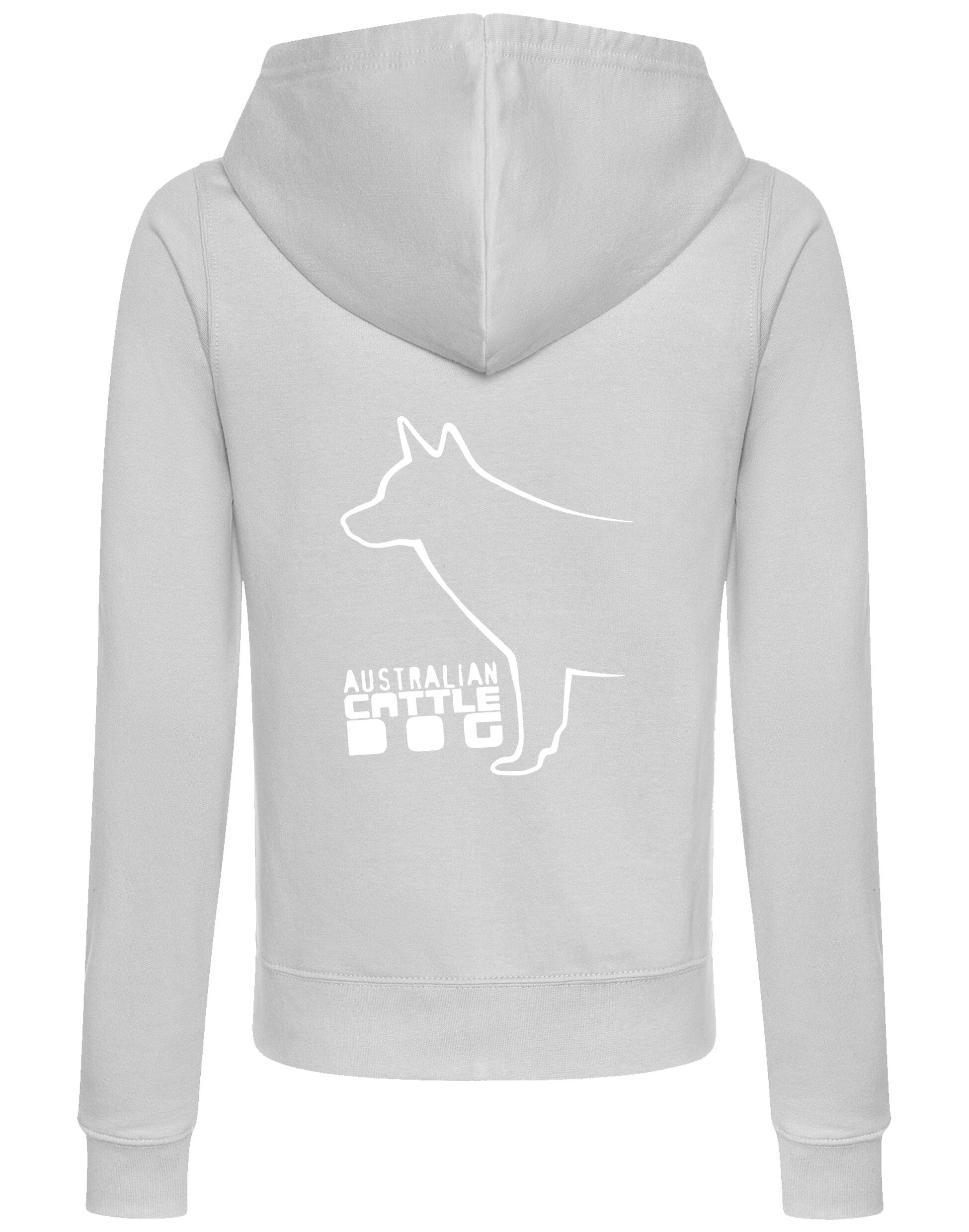 Female Australian Cattle Dog Zipped Hoodie Heather Grey (White)