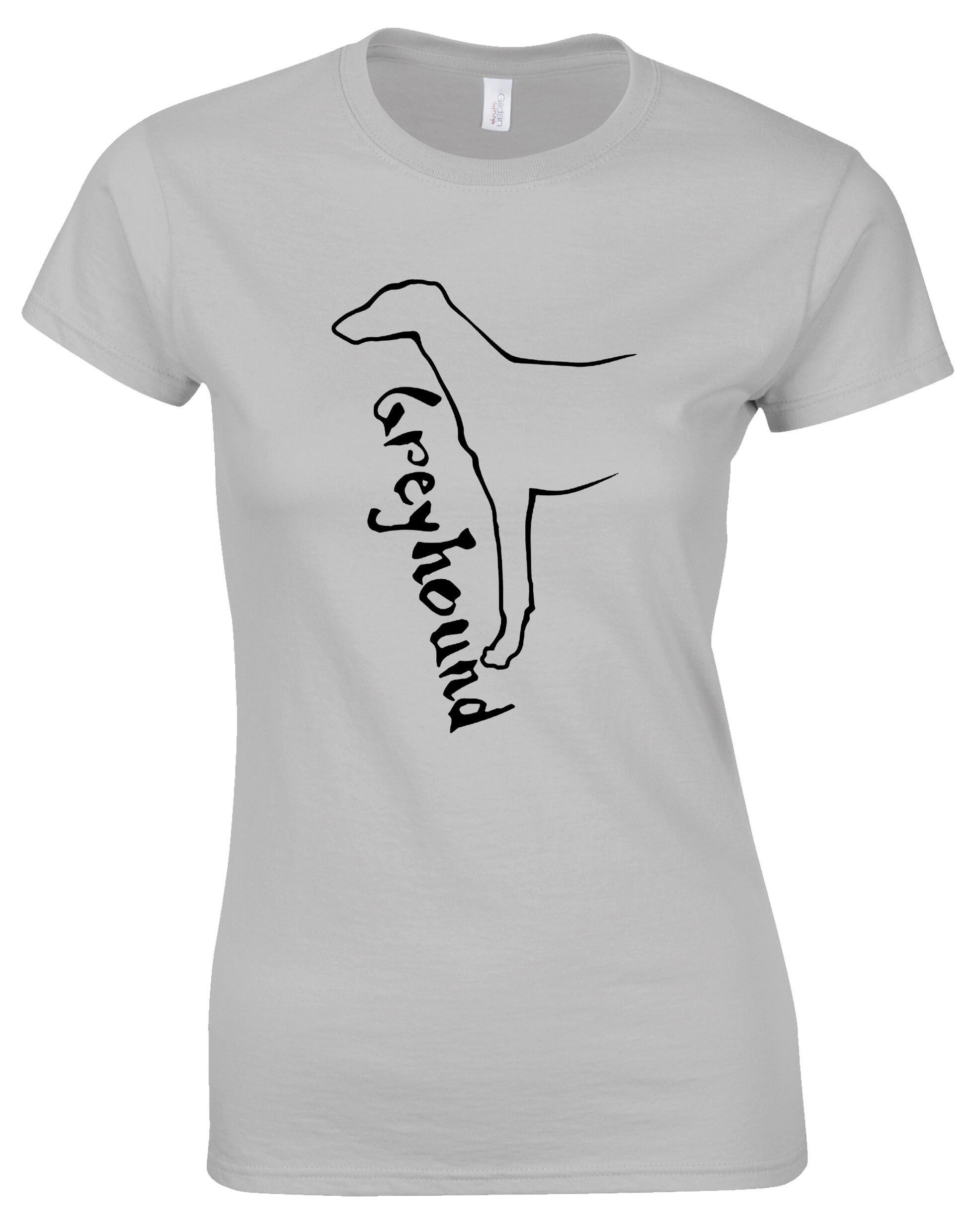 Female Greyhound roundneck T-shirt with exclusive breed graphic, soft cotton fabric, and tailored feminine fit, perfect for dog lovers.