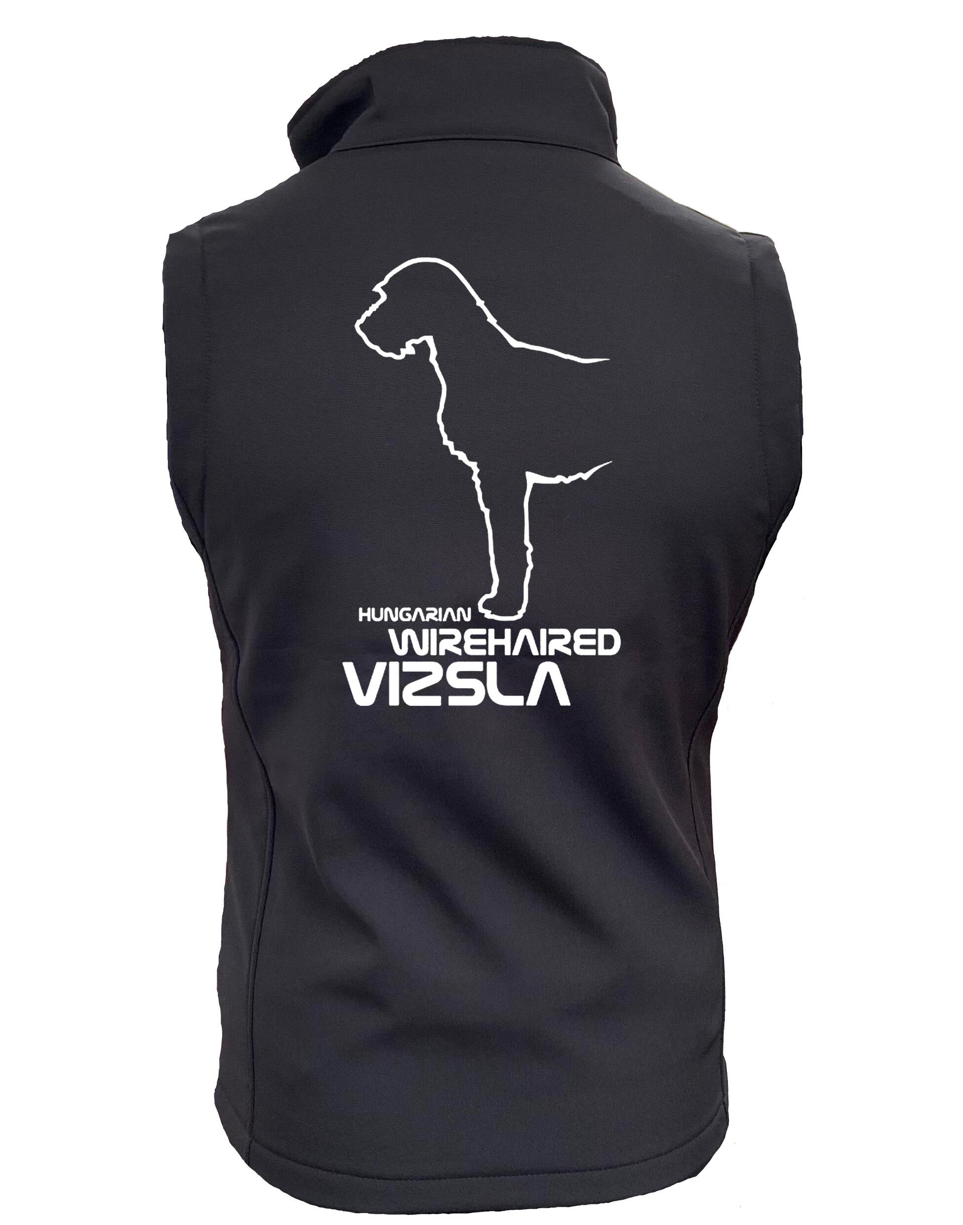 Unisex softshell gilet featuring Hungarian Wirehaired Vizsla breed artwork – water-resistant, fleece-lined, perfect for outdoor activities and dog events.