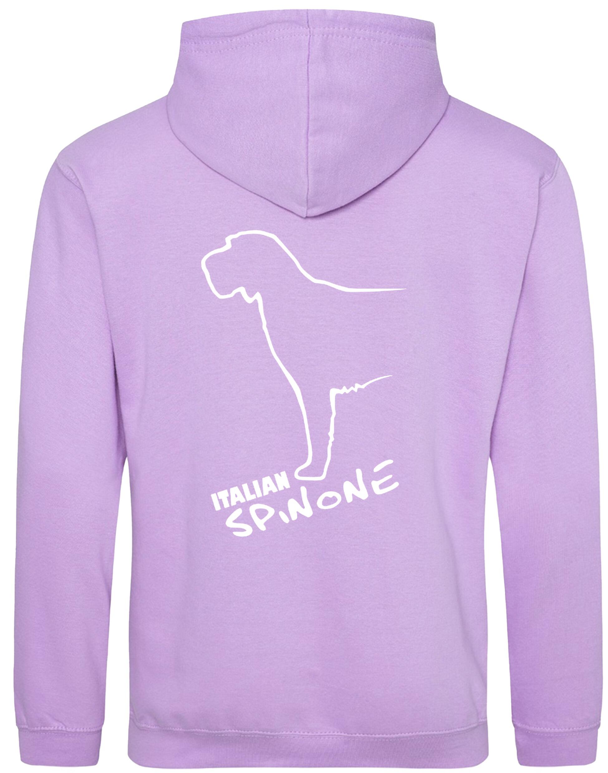 Italian Spinone pullover hoodie featuring exclusive breed artwork, paw print accents, kangaroo pocket, and double-fabric hood, personalized for dog lovers.