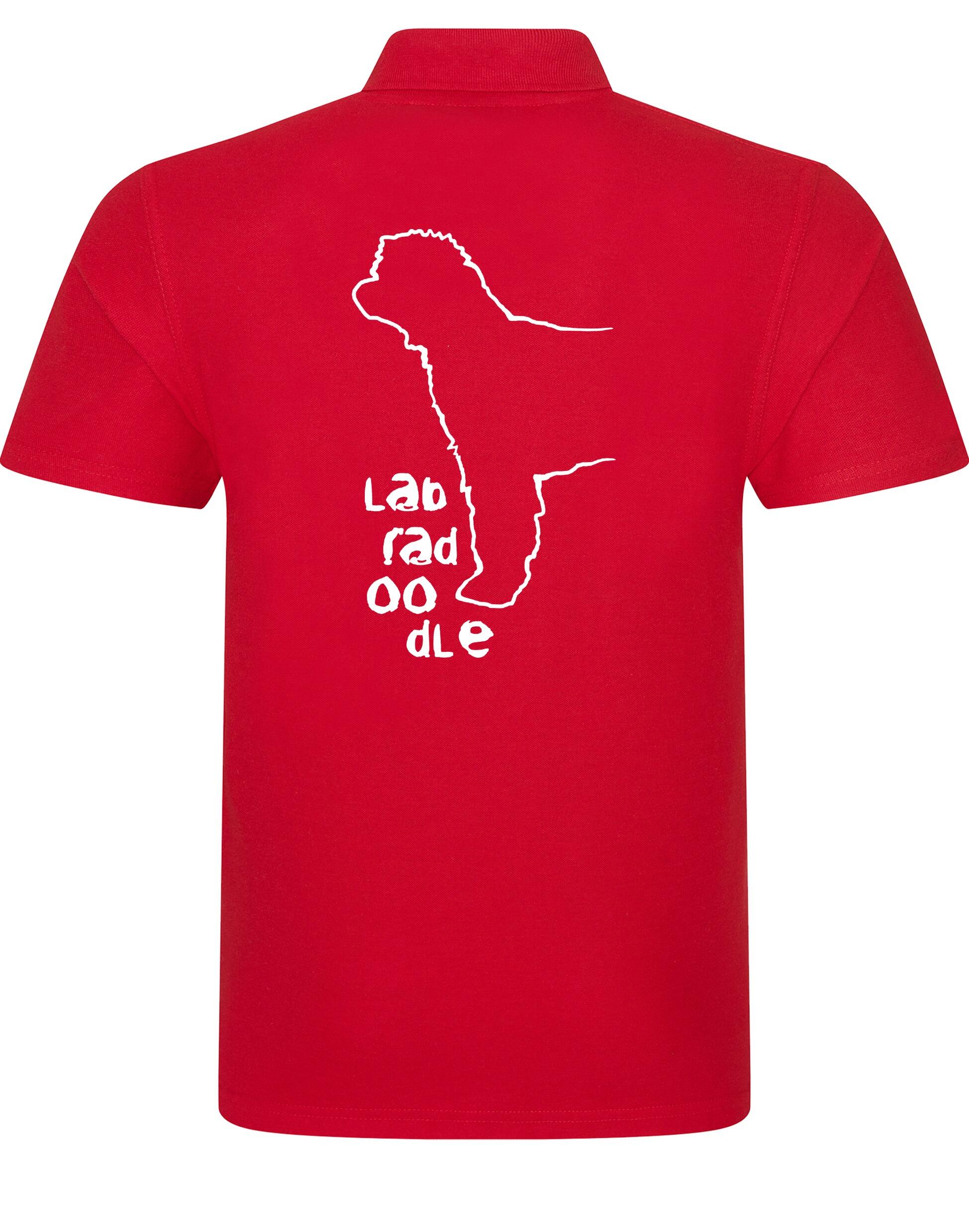 Unisex Cotton Polo with a vibrant Labradoodle design on the back, crafted from breathable fabric for lasting comfort and style.