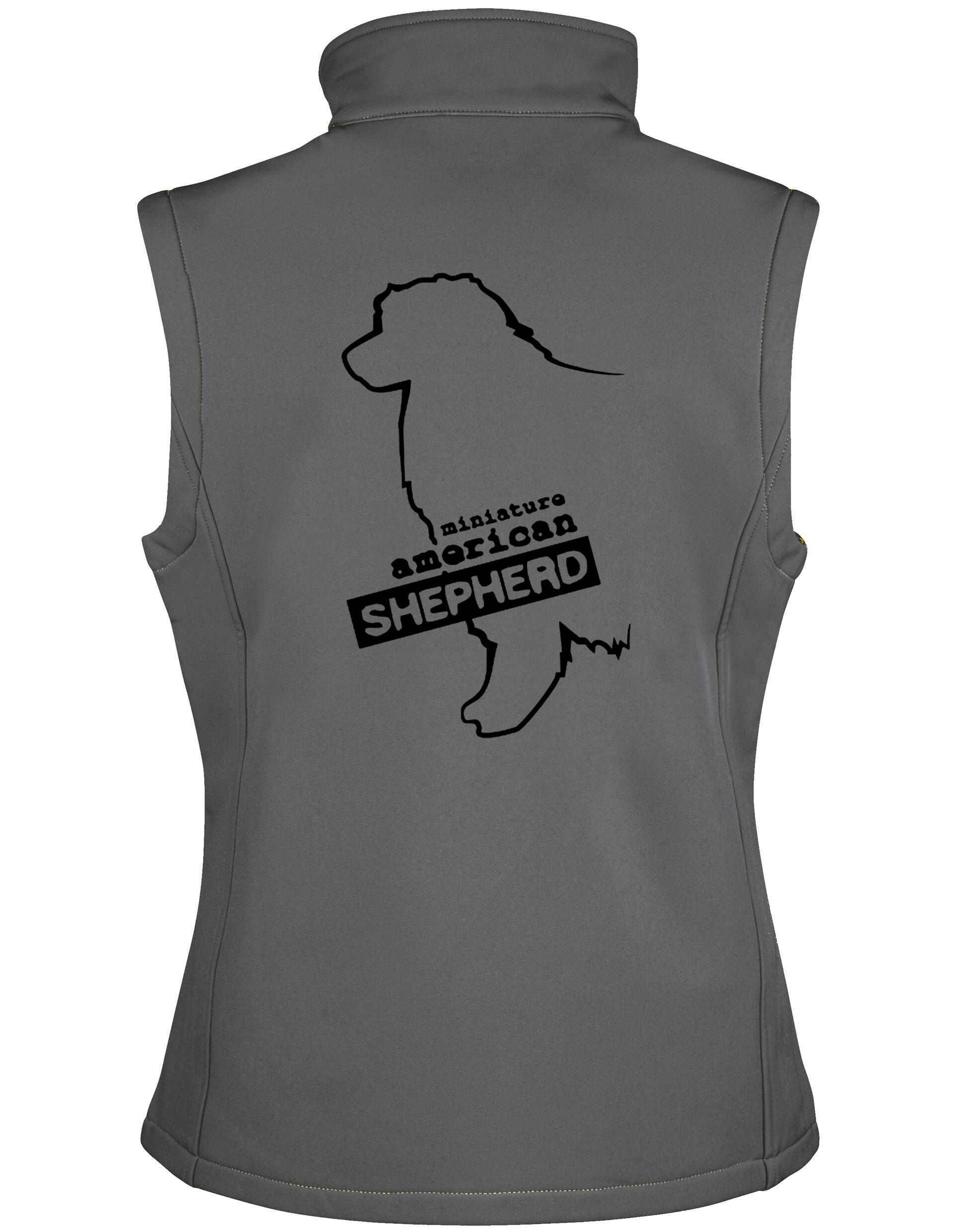 Miniature American Shepherd Softshell Jacket with fleece lining, water-resistant fabric, and exclusive breed artwork for stylish outdoor wear.