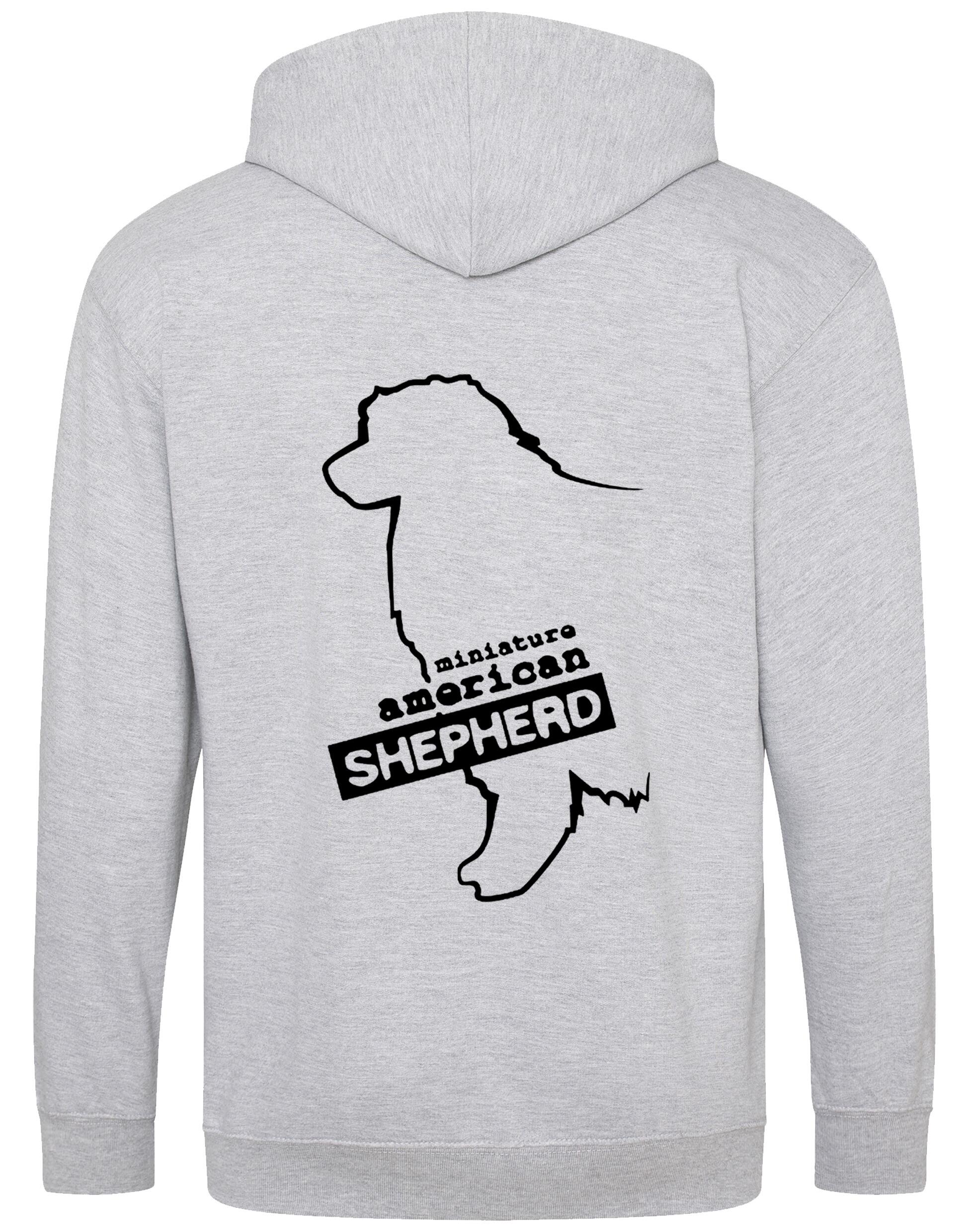 Miniature American Shepherd Zipped Hoodie featuring exclusive breed artwork, cozy fleece lining, and spacious front pockets.