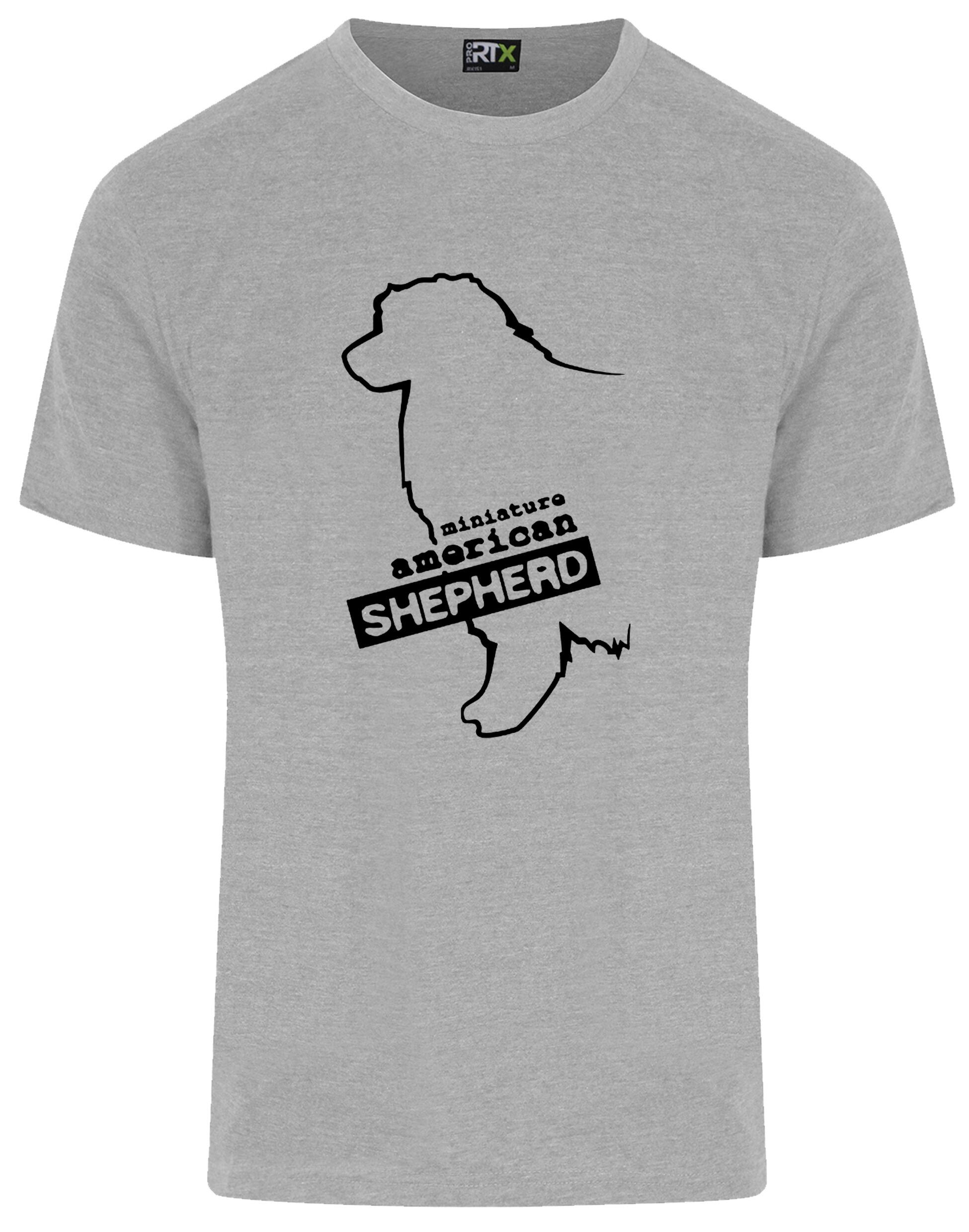 Miniature American Shepherd Roundneck T-shirt featuring exclusive breed artwork, soft cotton fabric, and a relaxed unisex fit.