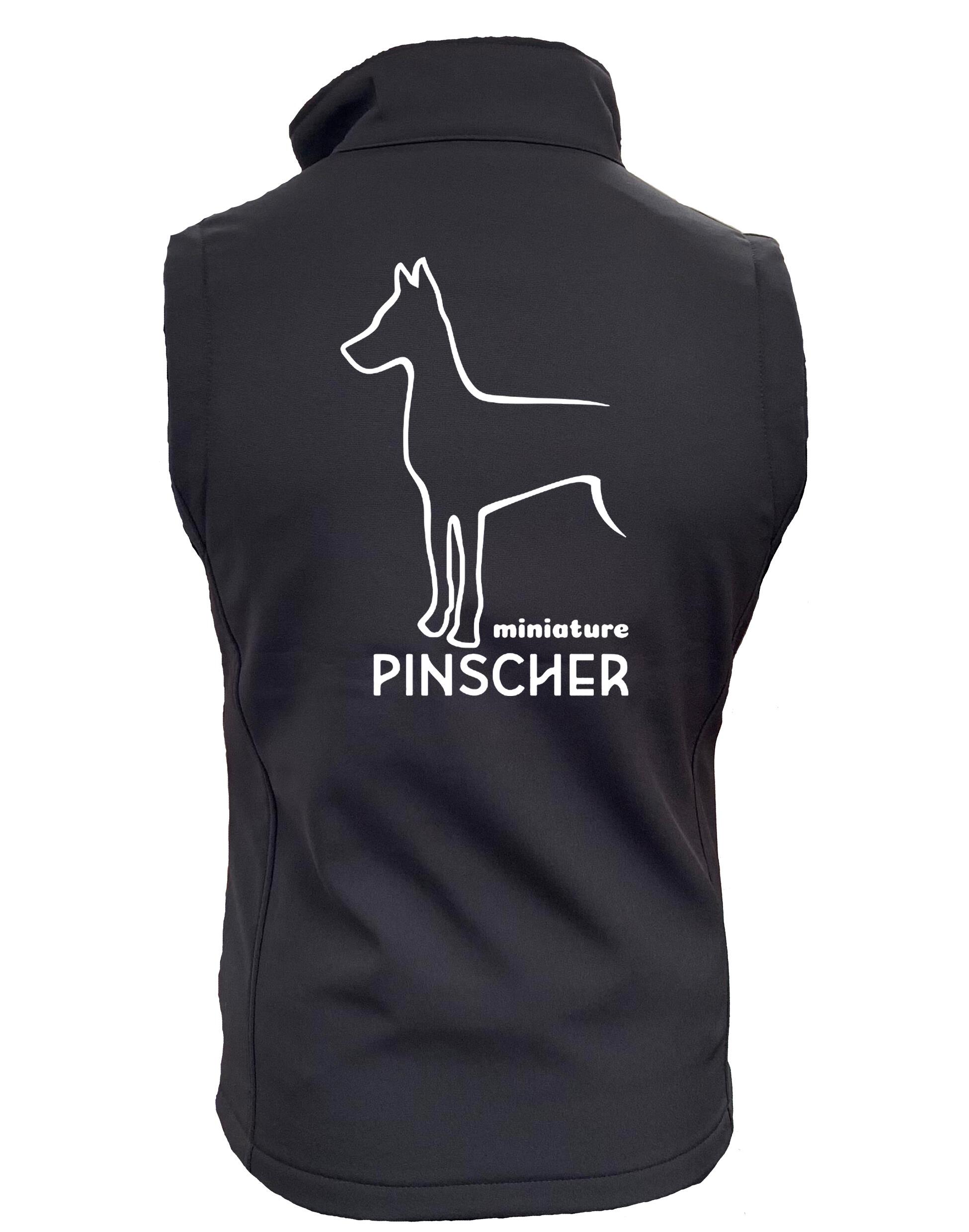 Miniature Pinscher Women’s Softshell Gilet with water-resistant fabric, fleece lining, and exclusive breed artwork for stylish outdoor comfort.