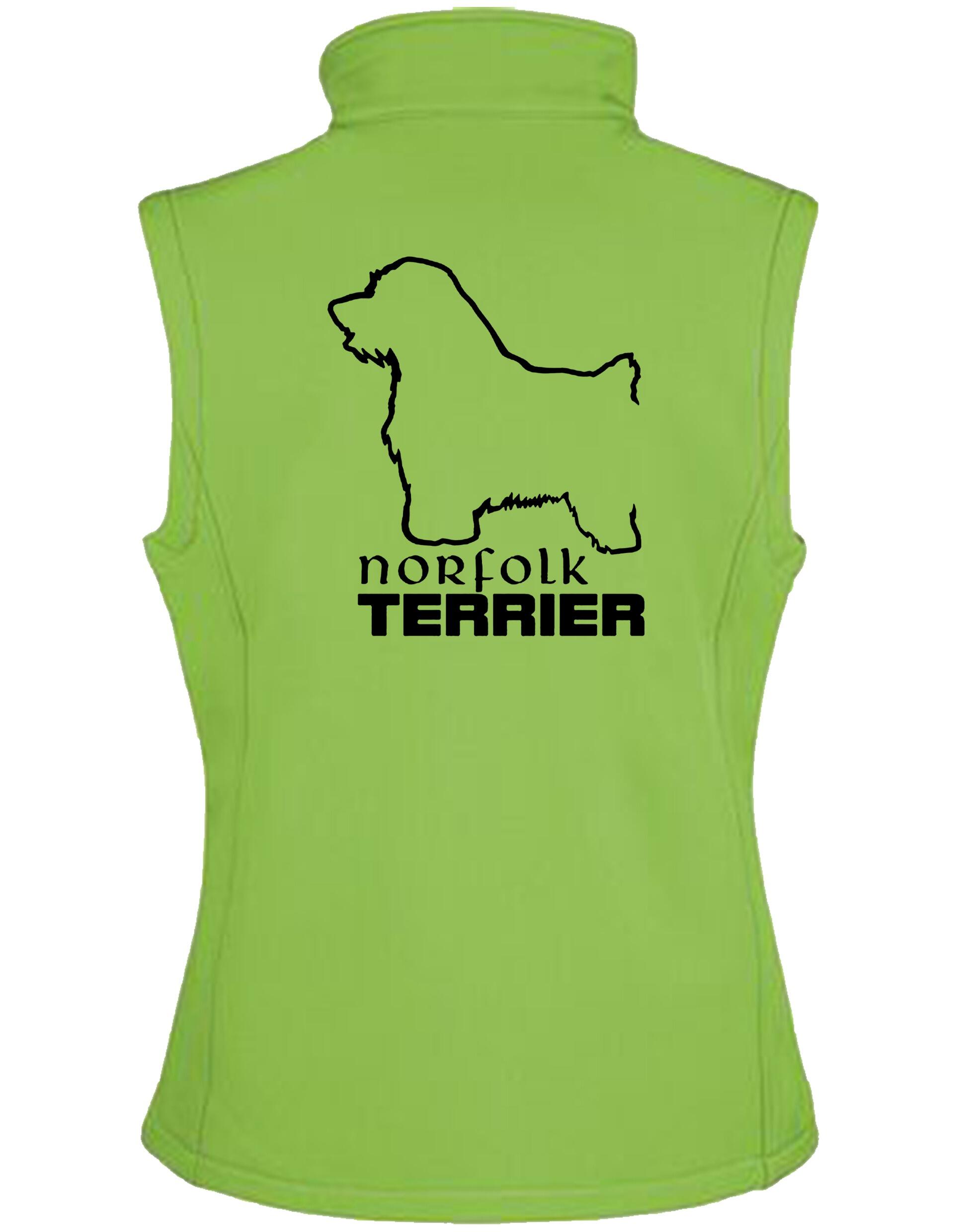 Women’s Softshell Gilet featuring exclusive Norfolk Terrier breed artwork, crafted from water-resistant fabric with fleece lining for warmth. Perfect for dog shows, outdoor adventures, and everyday wear.