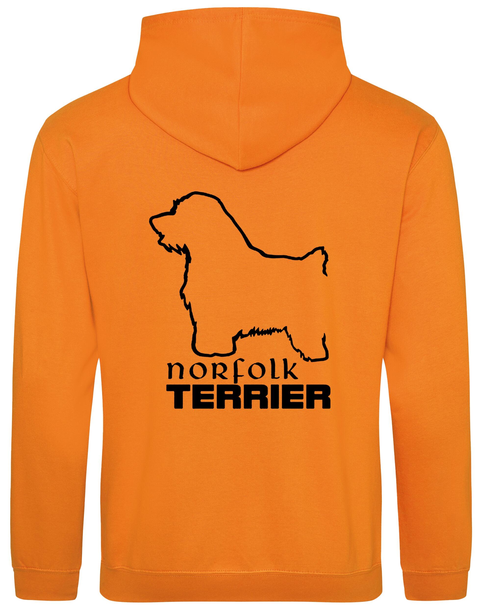 Norfolk Terrier Pullover Hoodie featuring exclusive breed artwork on the back, heavy-blend fabric with brushed fleece interior, and kangaroo pocket for warmth and comfort. A stylish and practical choice for Norfolk Terrier lovers.