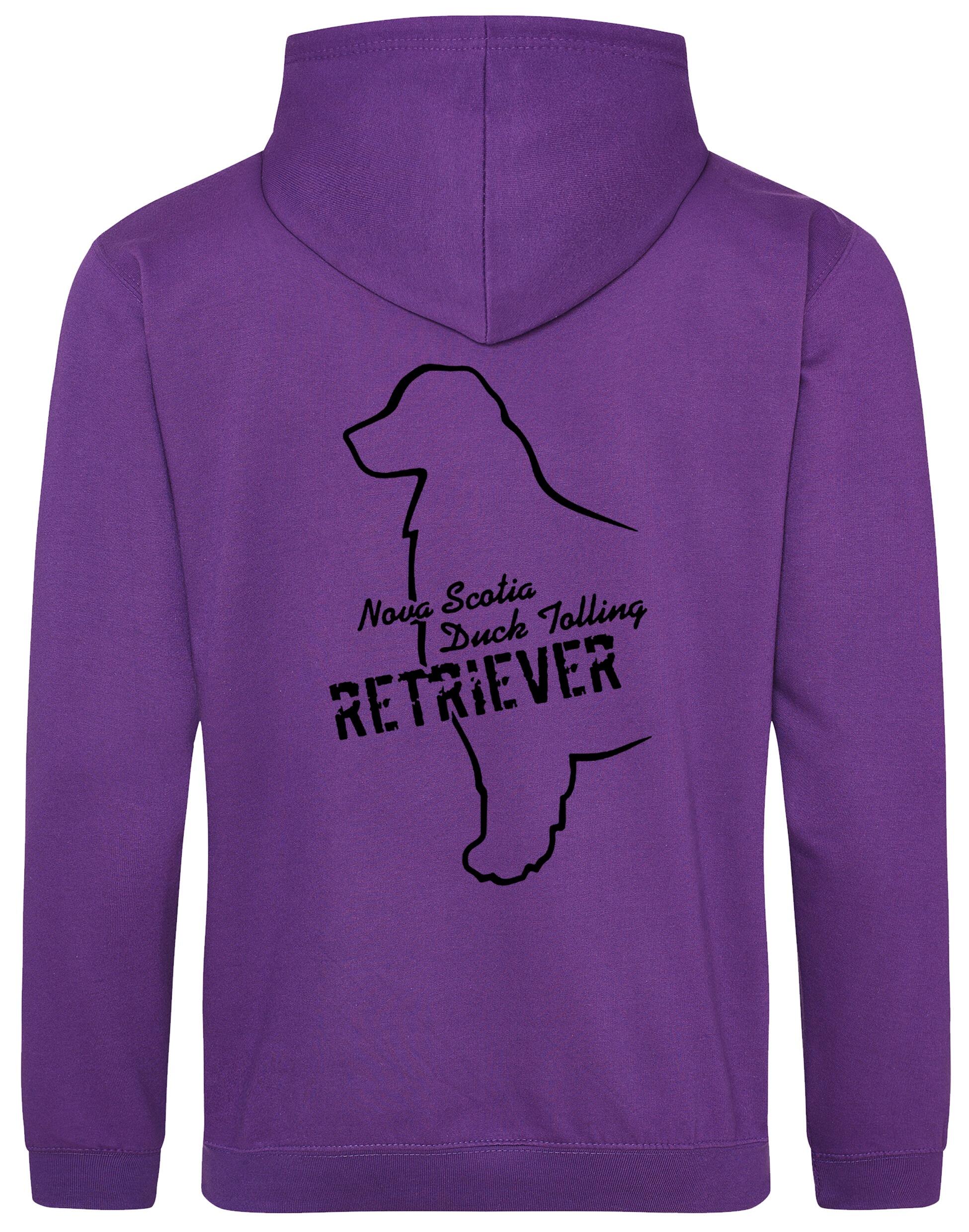 Soft fleece-lined Nova Scotia Duck Tolling Retriever pullover hoodie featuring a detailed breed design on the back. Includes a kangaroo pouch pocket, ribbed cuffs, and a double-fabric hood. Perfect for breed enthusiasts, casual wear, and outdoor adventures.
