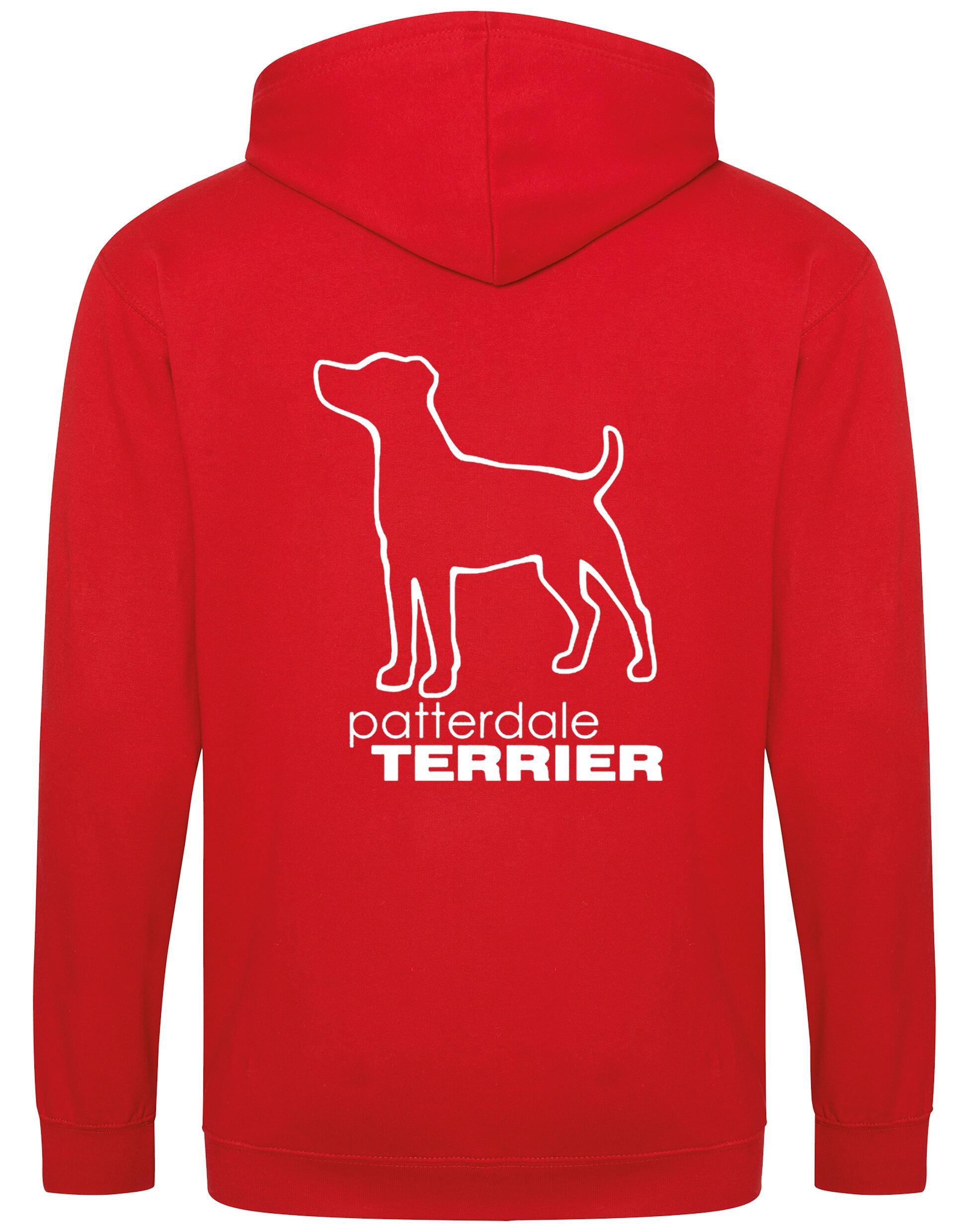 Patterdale Terrier Zipped Hoodie – high-quality, heavy-blend hoodie with an exclusive breed design, featuring a fleece-lined interior, front pockets, a full-zip closure, and a cozy double-fabric hood for ultimate comfort.
