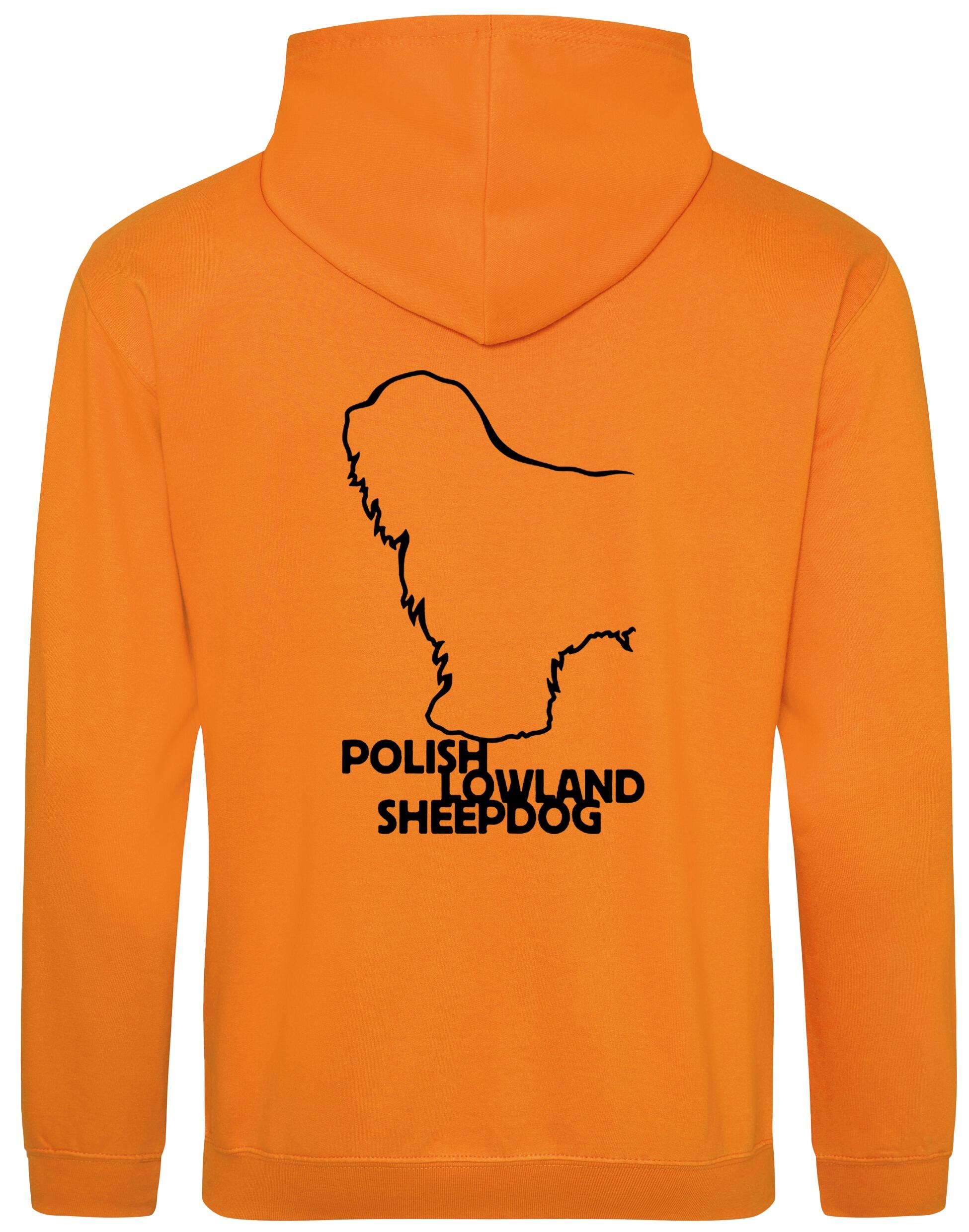 Polish Lowland Sheepdog Pullover Hoodie featuring exclusive breed artwork, heavy-blend fleece lining, kangaroo pocket, and a double-fabric hood for warmth and style.