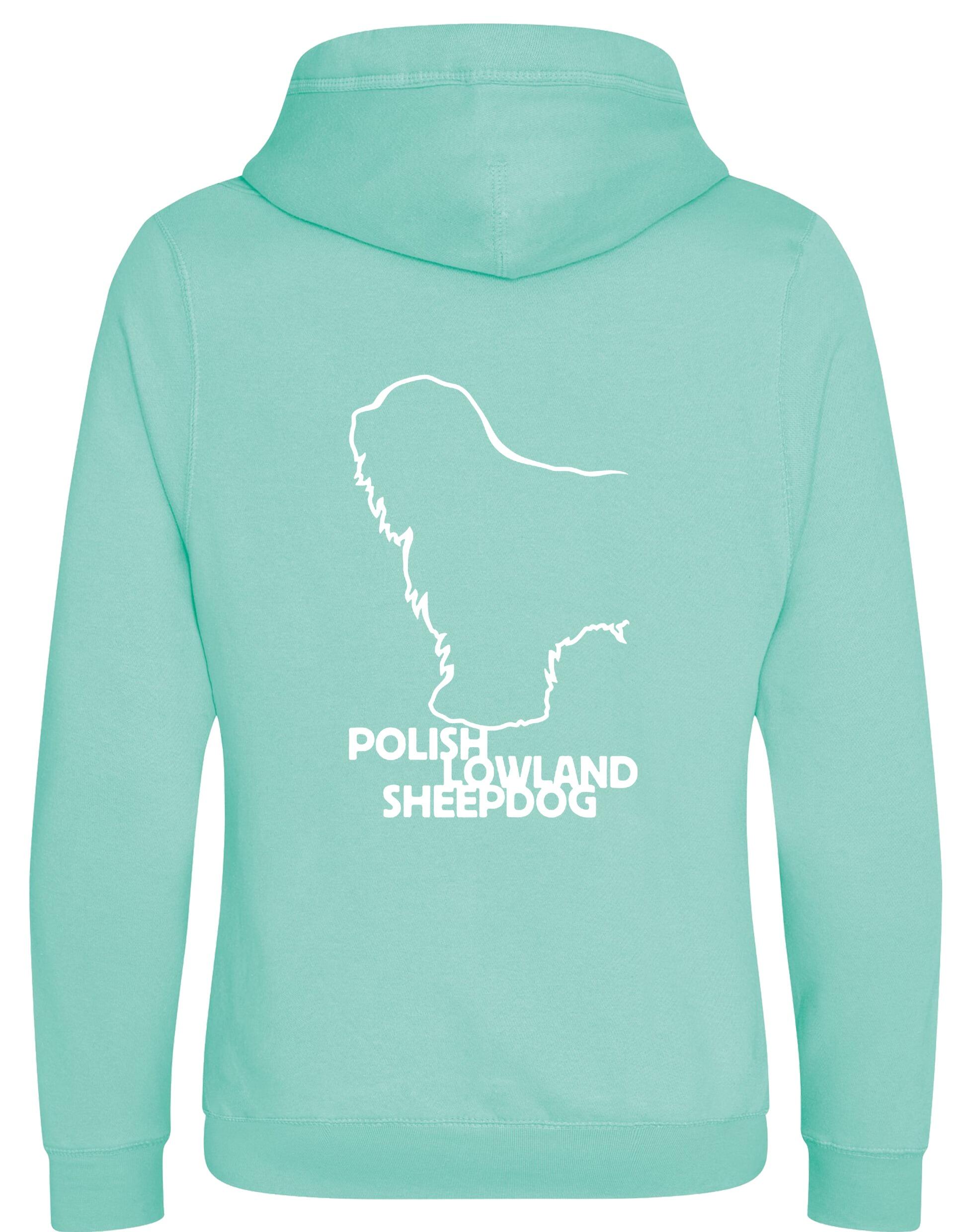 Polish Lowland Sheepdog Crossneck Pullover Hoodie featuring exclusive breed artwork, a modern crossneck design, a fleece interior, and a spacious kangaroo pocket for warmth and style.