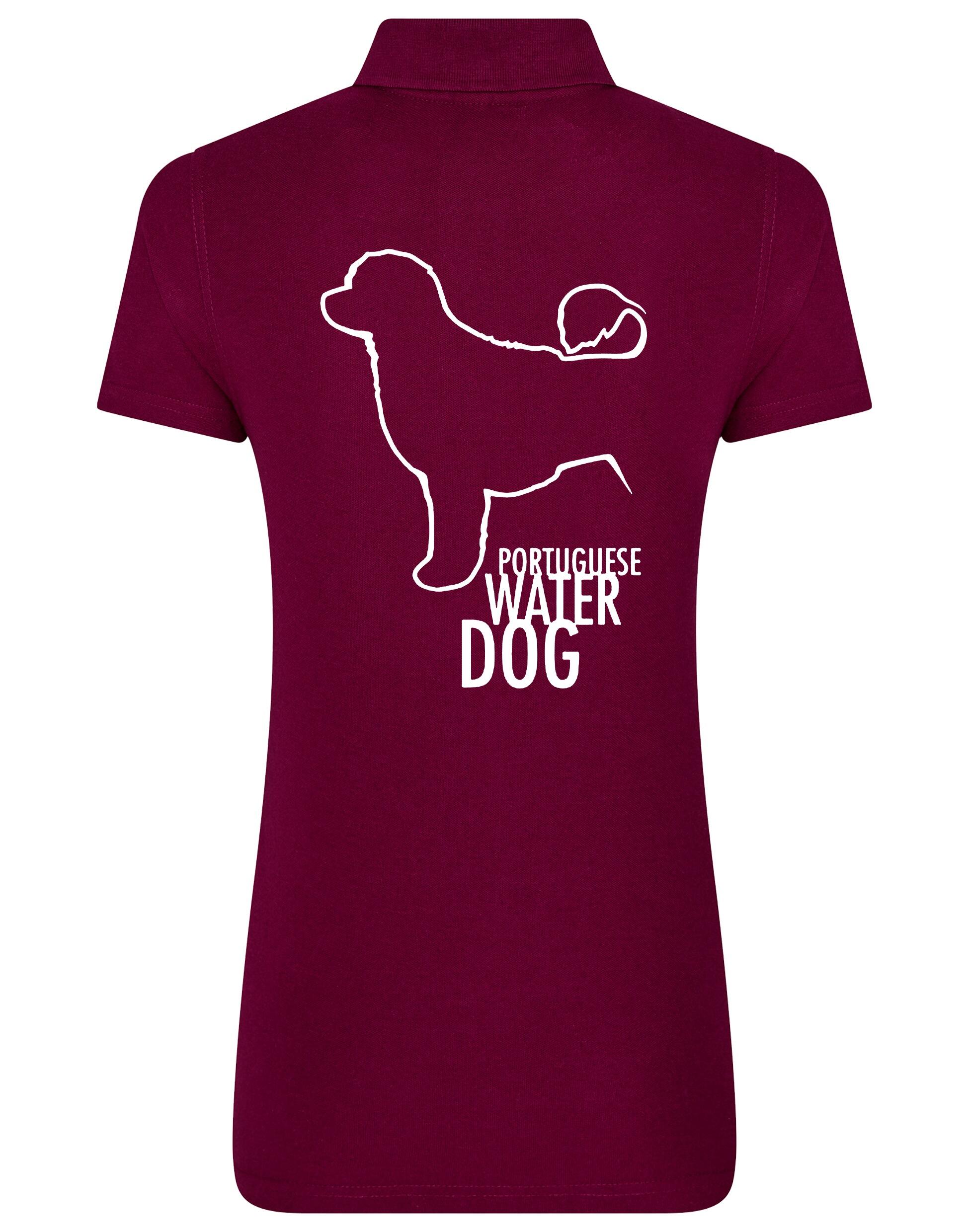 Women's Portuguese Water Dog Cotton Polo featuring exclusive breed artwork on the back, crafted from premium breathable cotton with a flattering feminine fit for timeless elegance and comfort.