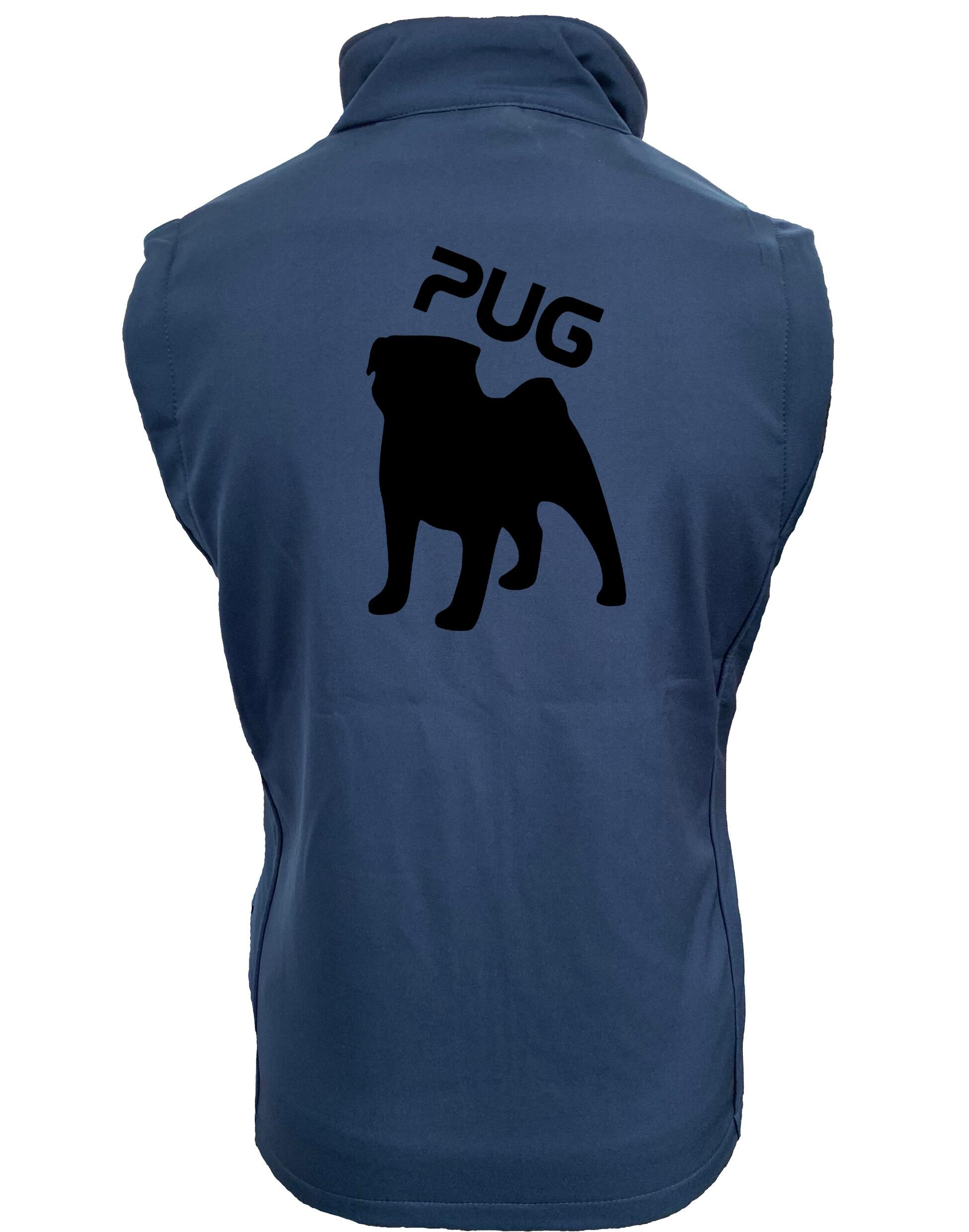 Women's Pug (Silhouette) Softshell Gilet featuring exclusive outline artwork, crafted from premium water-resistant fabric with a full-zip front and side pockets for practical, stylish outdoor wear.