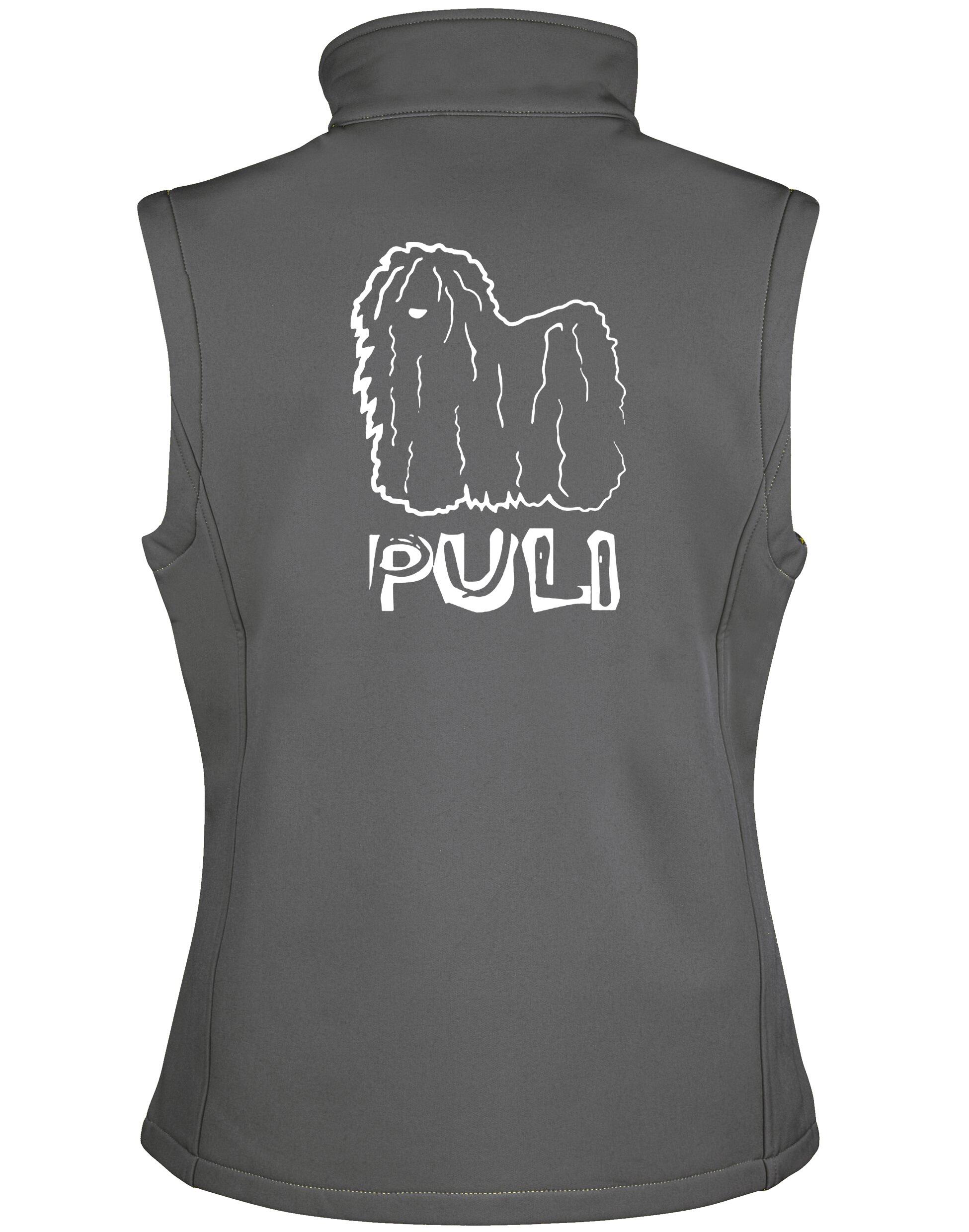 Unisex Hungarian Puli Softshell Gilet featuring exclusive artwork, crafted from premium water-resistant fabric with a cozy fleece lining, a full-zip front, and side pockets for stylish, practical outdoor wear.