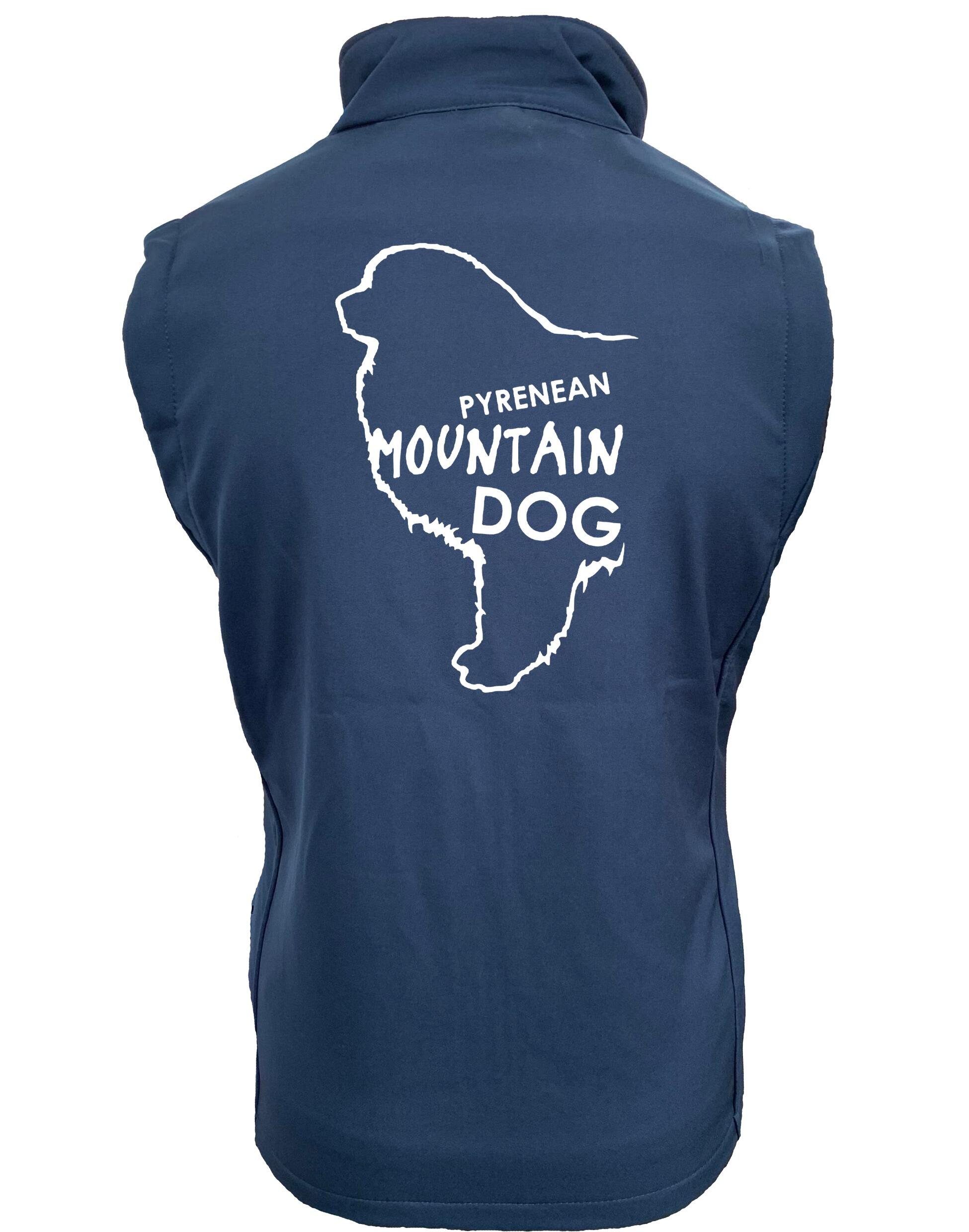 Women's Pyrenean Mountain Dog Softshell Gilet featuring exclusive breed artwork with personalization options, crafted from premium water-resistant fabric with a cozy fleece lining, a full-zip front, and side pockets for stylish, versatile outdoor wear.