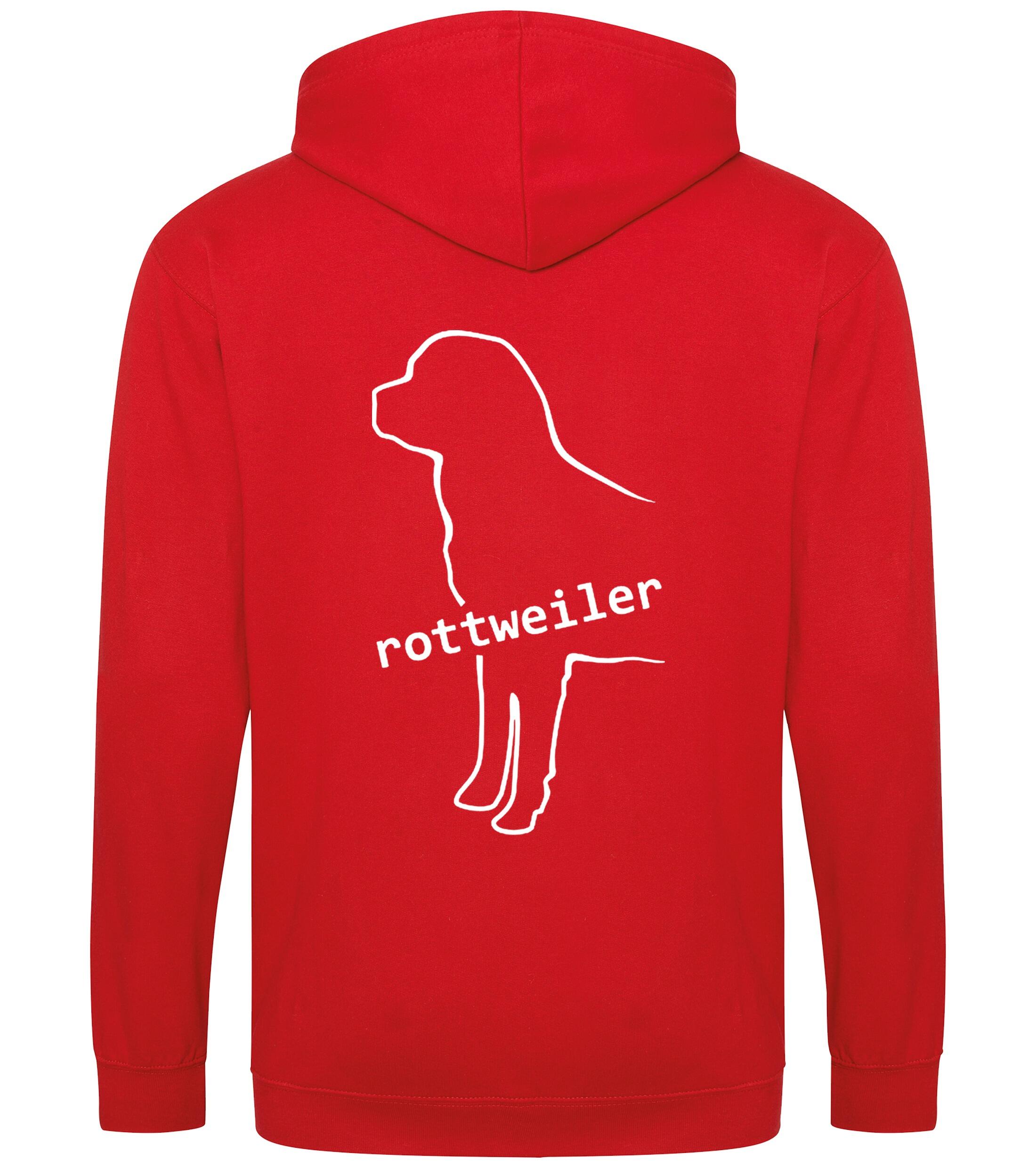 Rottweiler Zipped Hoodie featuring exclusive breed artwork, soft fleece interior, heavy-blend fabric, full-zip closure, double-fabric hood, spacious front pockets, and personalization options for breed enthusiasts.