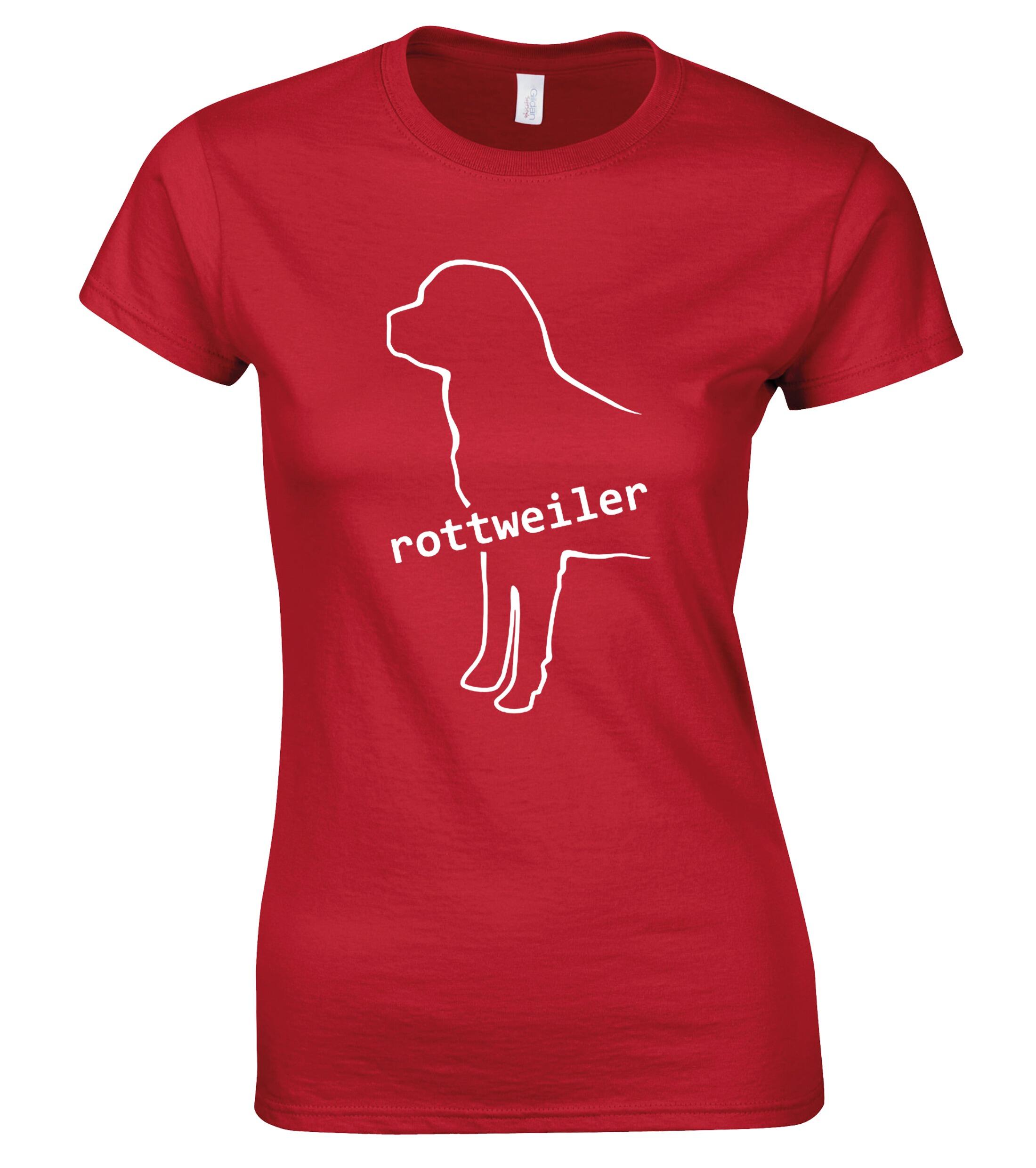 Rottweiler Female Roundneck T-shirt featuring exclusive breed artwork, soft breathable cotton fabric, flattering feminine fit, and classic round neckline for comfort and style.