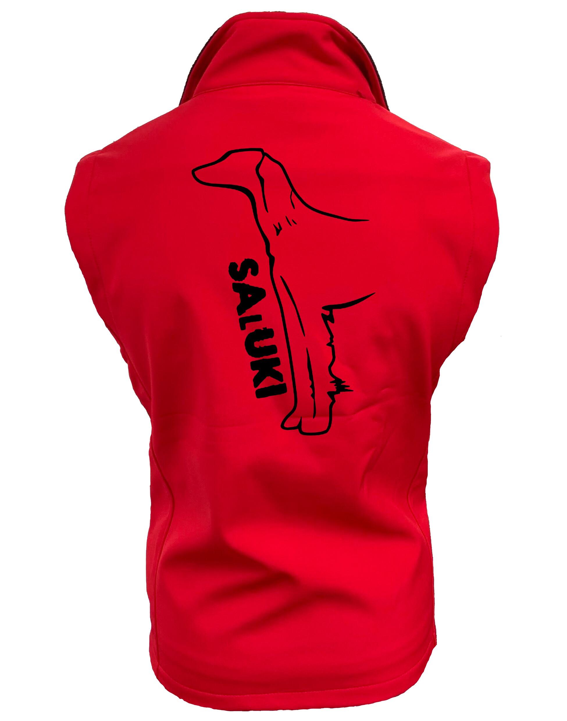 Saluki Unisex Softshell Gilet featuring exclusive breed artwork, water-resistant lightweight fabric, soft fleece lining, full-zip front, and relaxed unisex fit for comfort, versatility, and breed pride.