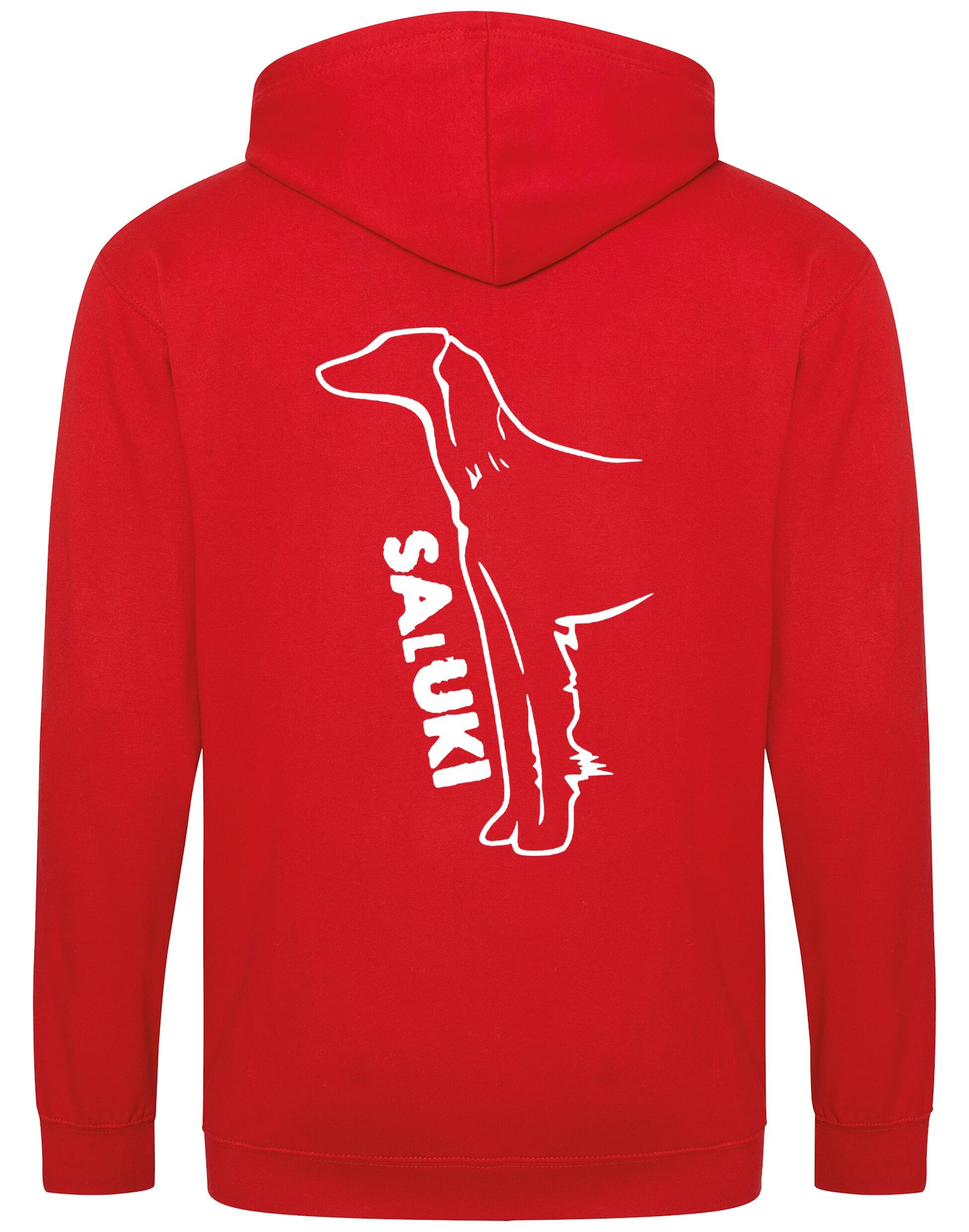Saluki Zipped Hoodie featuring exclusive breed artwork, soft fleece interior, heavy-blend fabric, full-zip closure, double-fabric hood, spacious front pockets, and personalization options for breed enthusiasts.