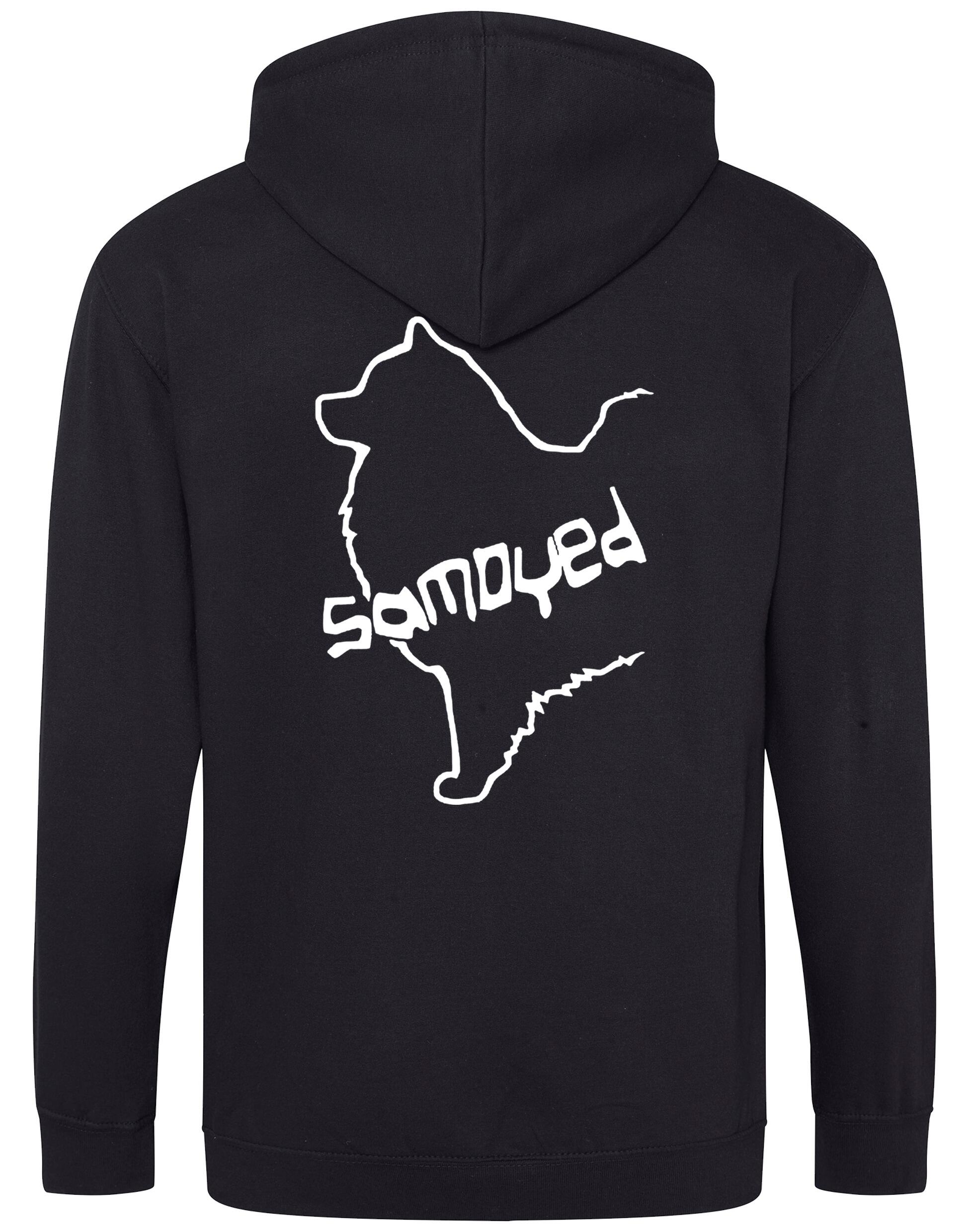 Samoyed Zipped Hoodie featuring exclusive breed artwork, soft fleece interior, heavy-blend fabric, full-zip front, double-fabric hood, spacious front pockets, and personalization options for breed enthusiasts.