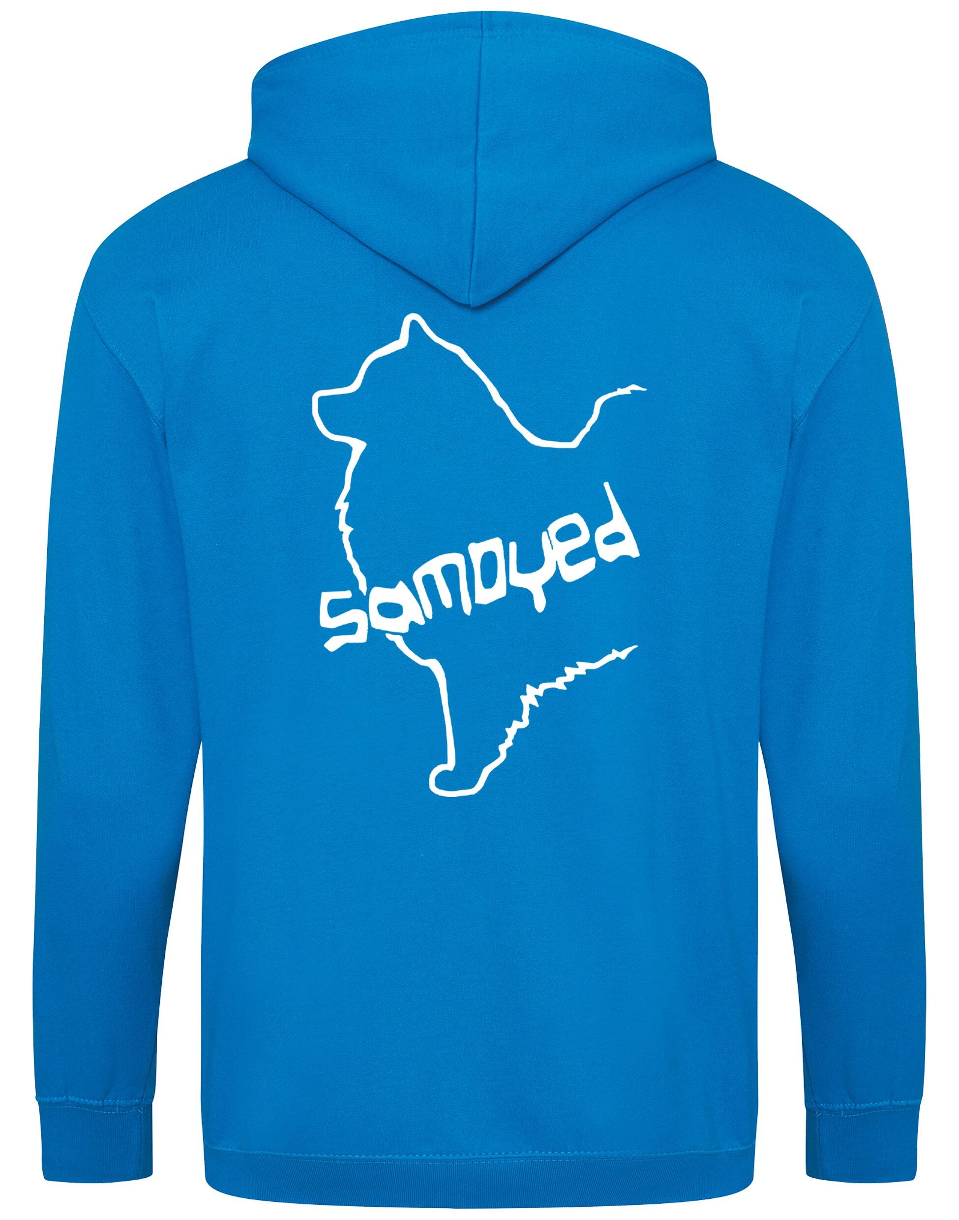 Samoyed Zipped Hoodie featuring exclusive breed artwork, soft fleece interior, heavy-blend fabric, full-zip front, double-fabric hood, spacious front pockets, and personalization options for breed enthusiasts.