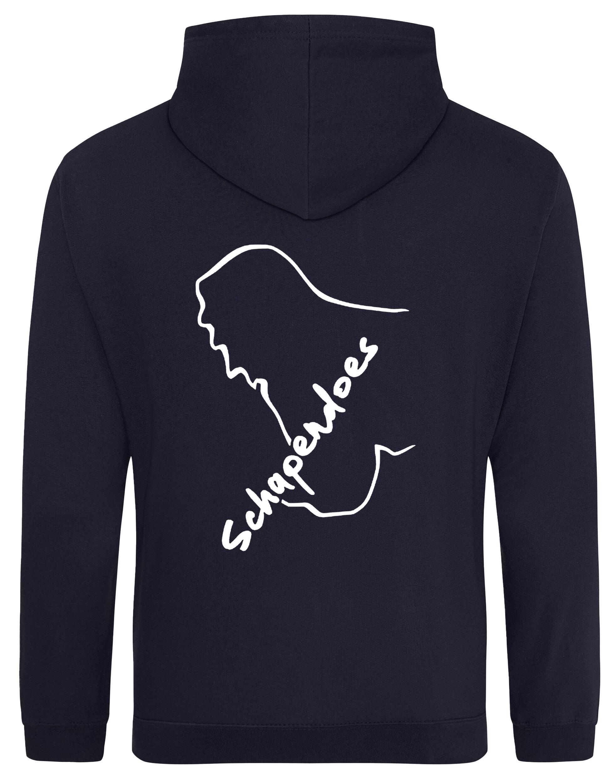 Schapendoes Pullover Hoodie featuring exclusive breed artwork, cozy brushed fleece interior, kangaroo pocket, double-fabric hood, and personalization options for stylish comfort and breed pride.