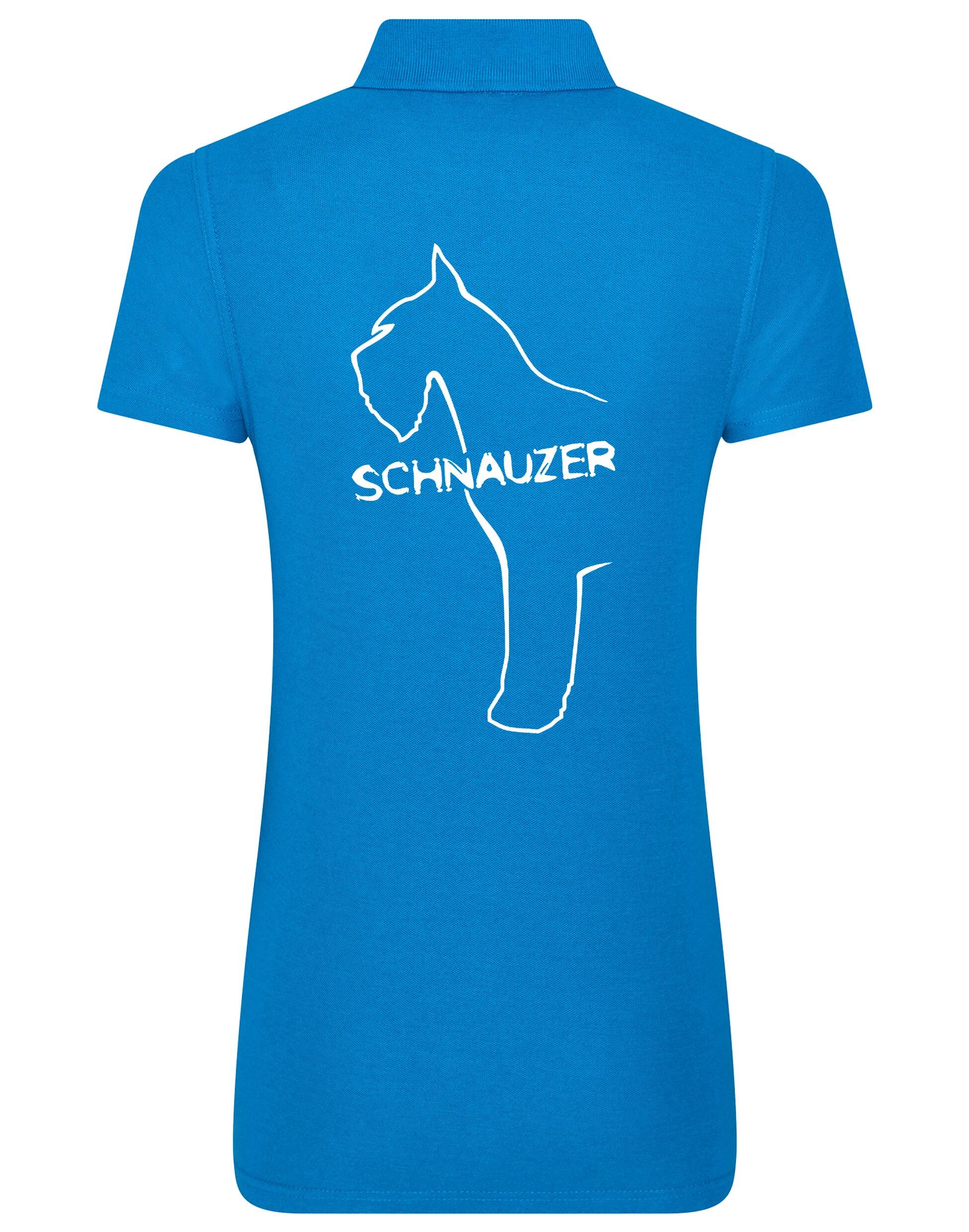 Schnauzer Women’s Cotton Polo featuring exclusive breed design on the back, breathable fabric, and flattering feminine fit. Perfect for Schnauzer lovers.