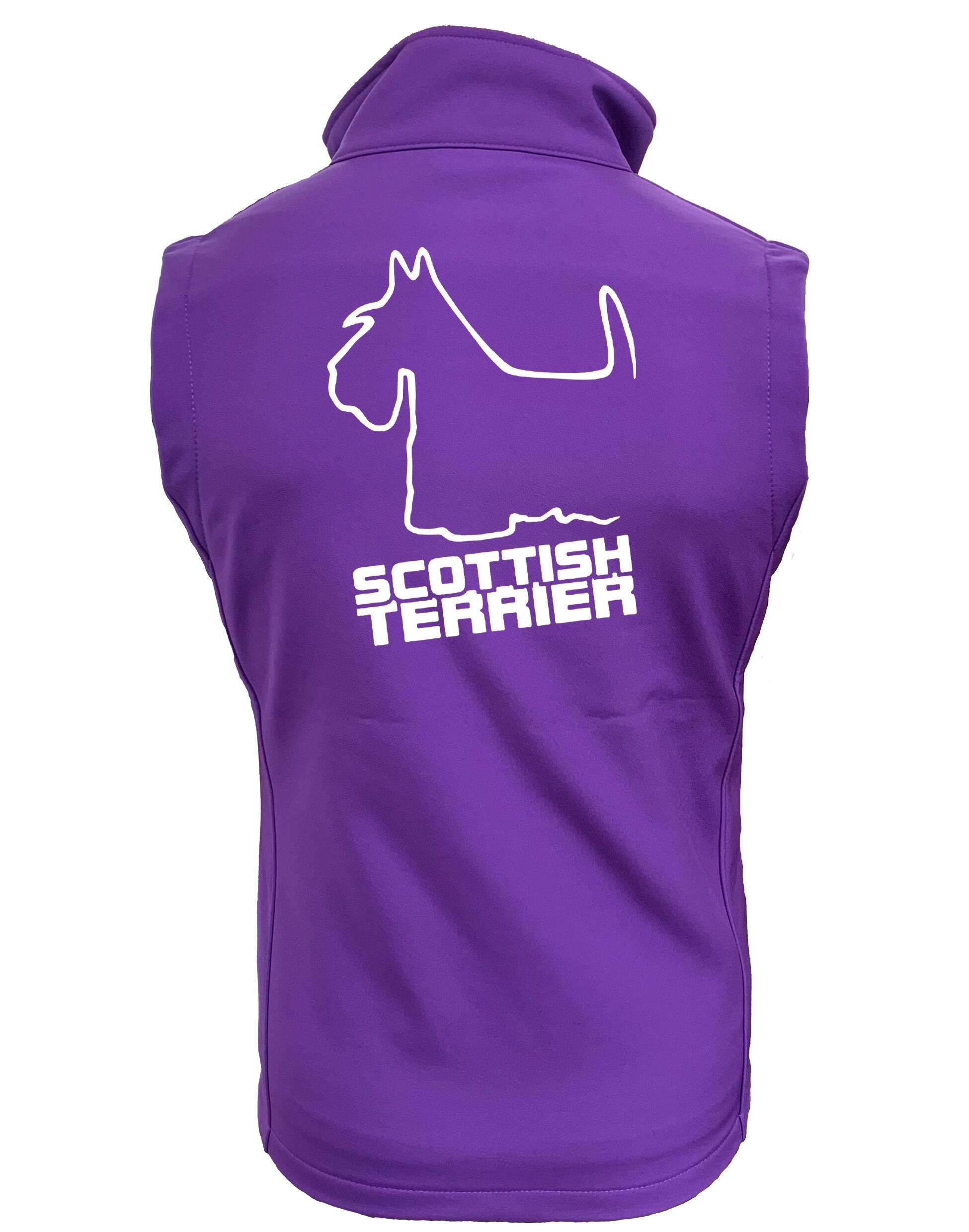 Scottish Terrier Unisex Softshell Gilet with breed artwork, water-resistant fabric, fleece lining, and unisex fit.