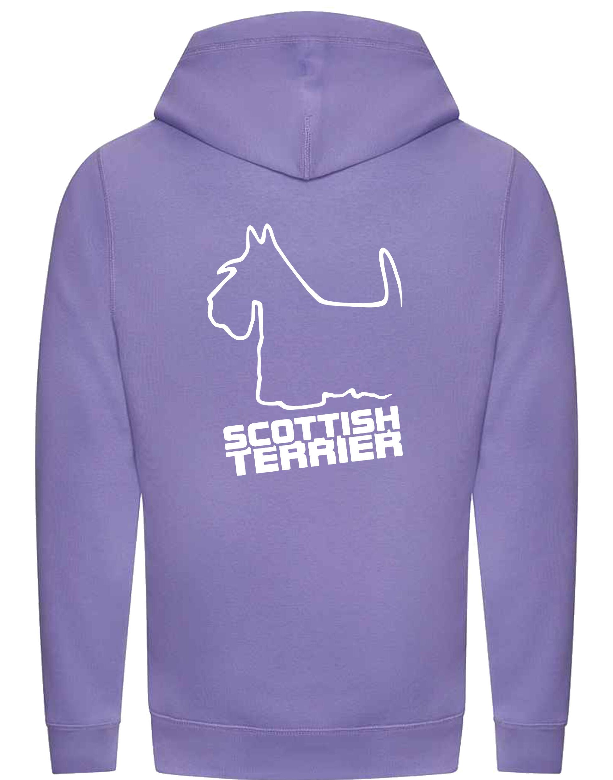 Scottish Terrier Crossneck Pullover Hoodie with exclusive breed artwork, modern crossneck design, brushed fleece lining, and kangaroo pocket.