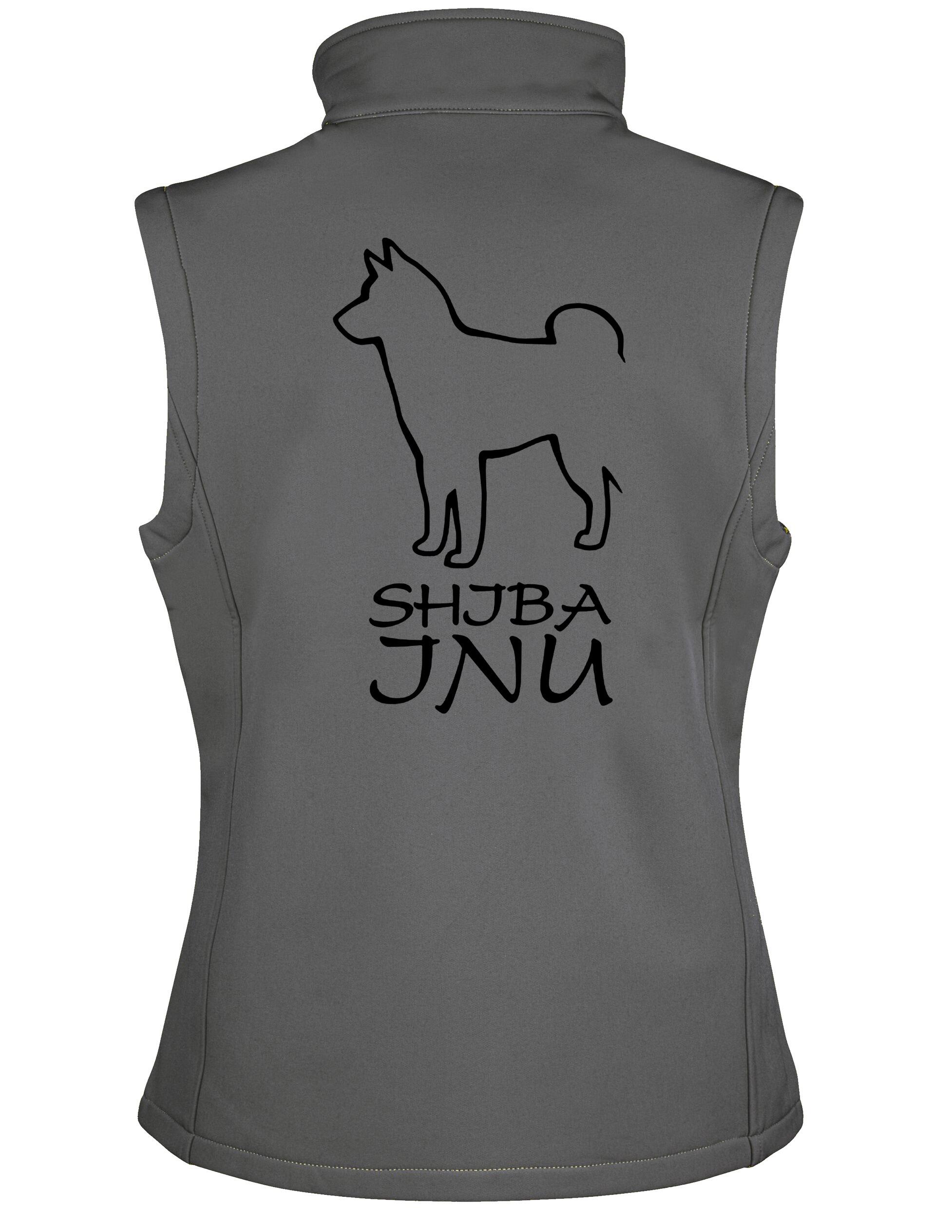 Women’s softshell gilet featuring exclusive Shiba Inu artwork on the back, water-resistant fabric, fleece lining, and a flattering feminine fit ideal for dog walking and everyday outdoor wear.