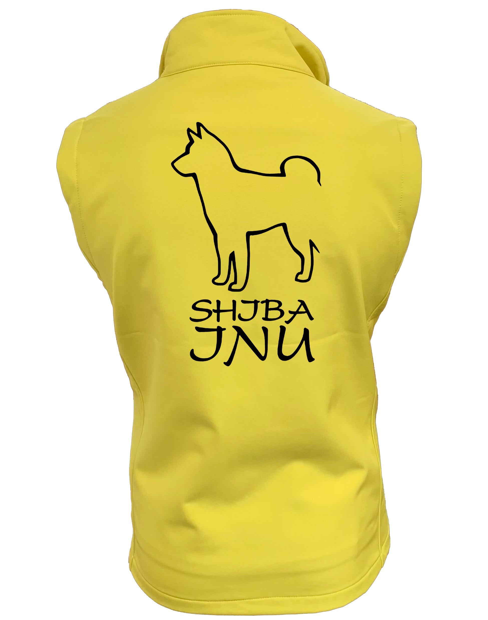 Women’s softshell gilet featuring exclusive Shiba Inu artwork on the back, water-resistant fabric, fleece lining, and a flattering feminine fit ideal for dog walking and everyday outdoor wear.