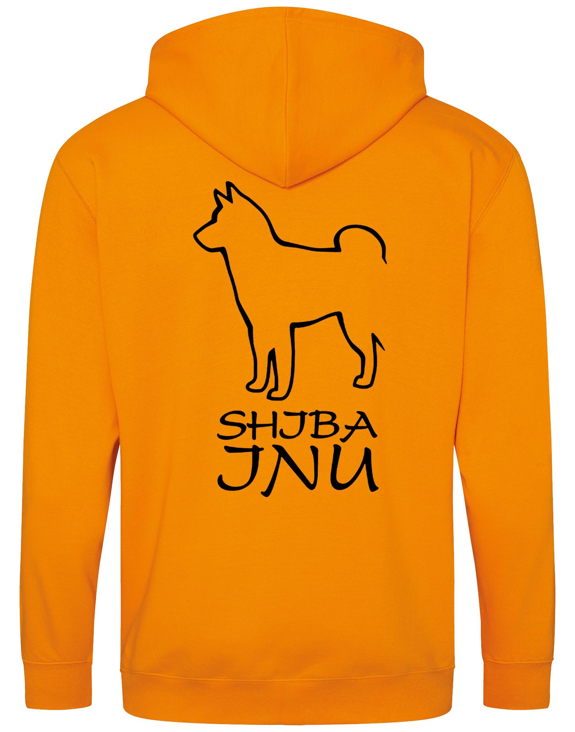 Unisex zipped hoodie featuring exclusive Shiba Inu artwork on the back, paw prints on the front, full-length zip, cozy brushed fleece lining, and front pockets – ideal for breed enthusiasts.