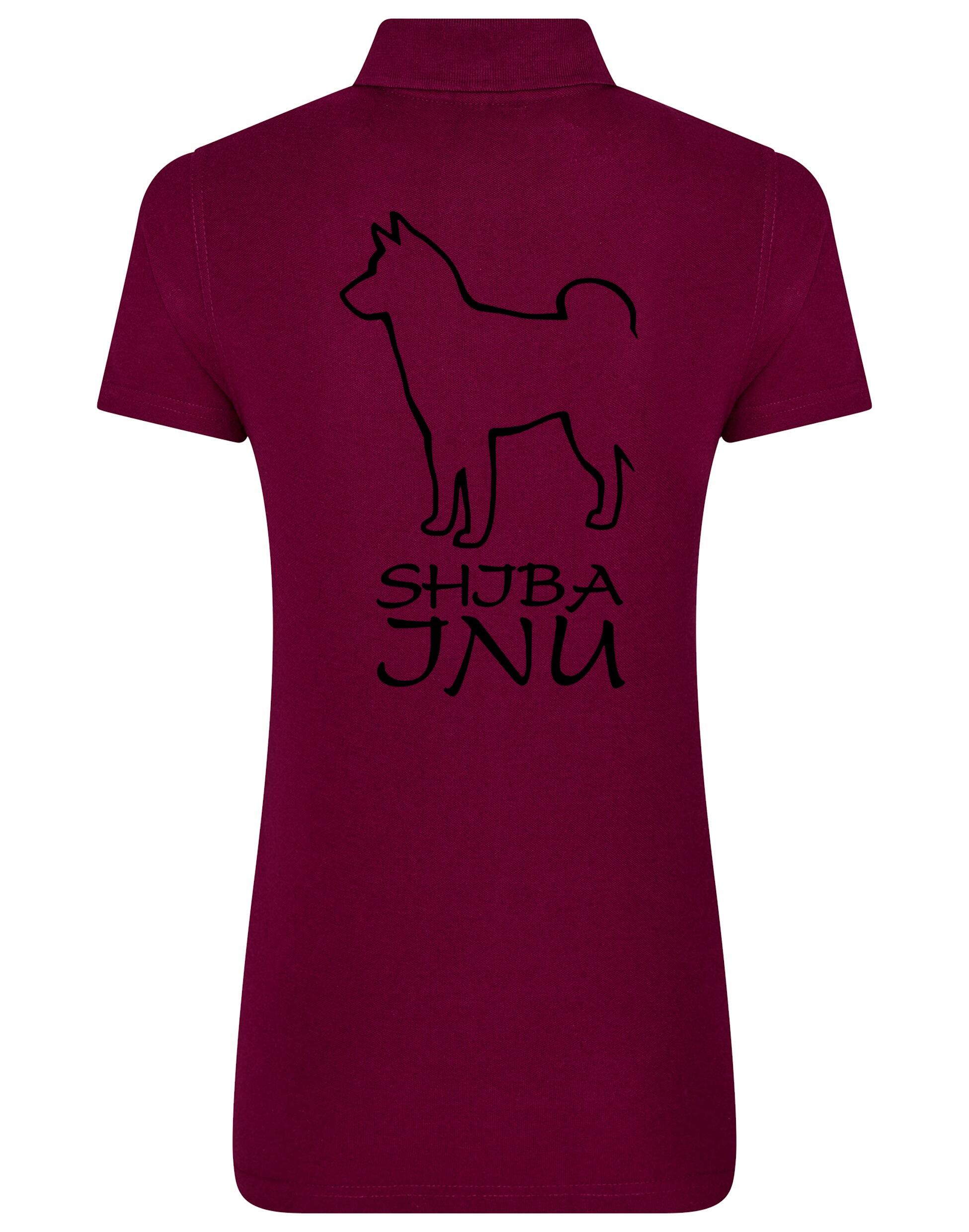 Women's cotton polo shirt featuring exclusive Shiba Inu artwork on the back, designed with a flattering feminine fit and breathable fabric, ideal for casual outings and breed events.
