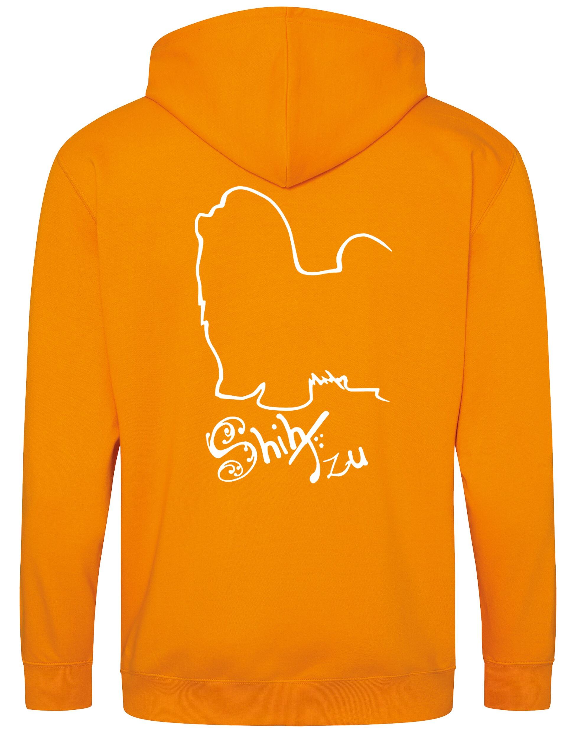 Shih Tzu zipped hoodie with paw prints on the front and detailed breed design on the back, full-zip style with hood and pockets, perfect for breed lovers.