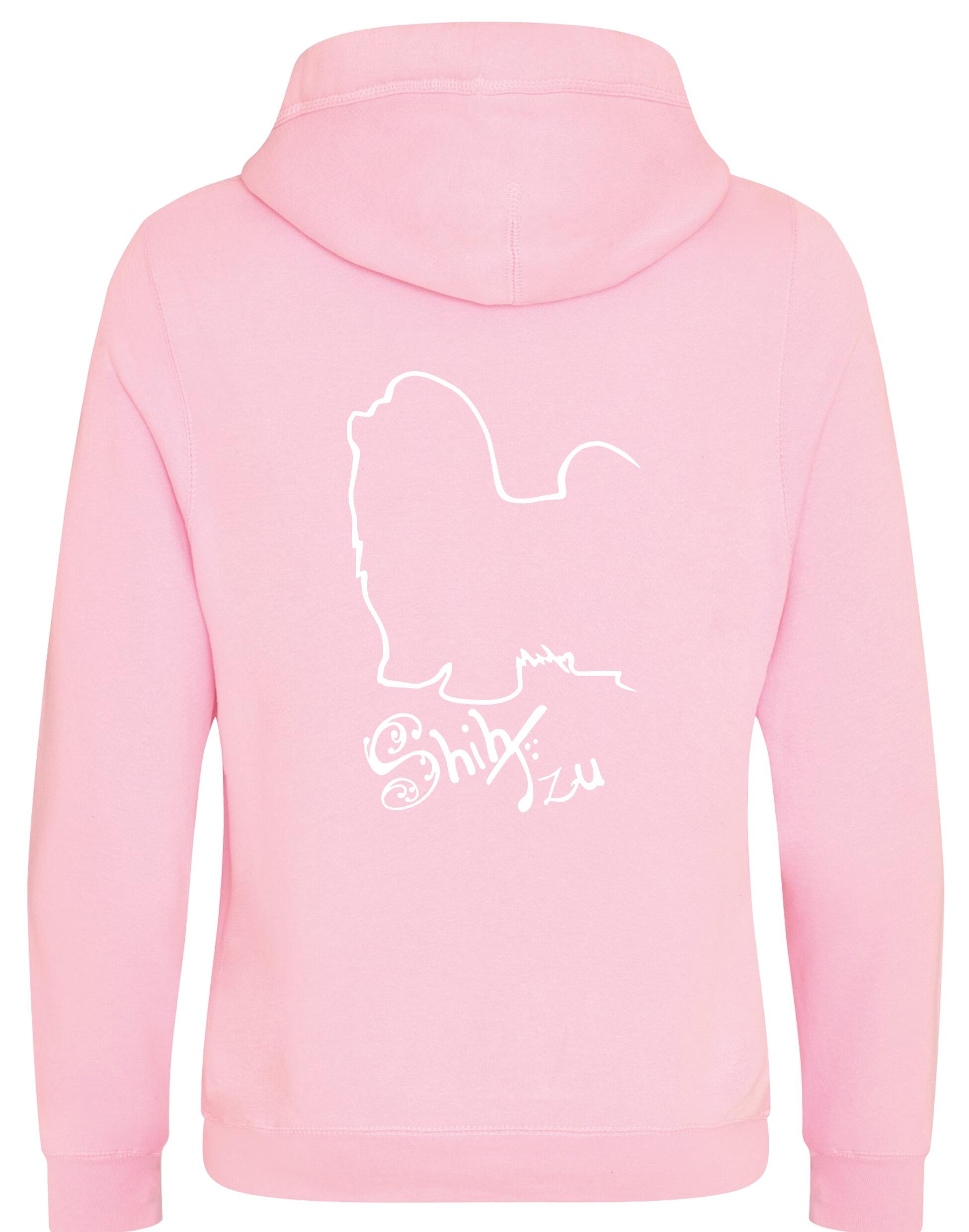 Unisex Shih Tzu crossneck hoodie with fleece lining and detailed breed design on the back, featuring kangaroo pocket and modern collar style.