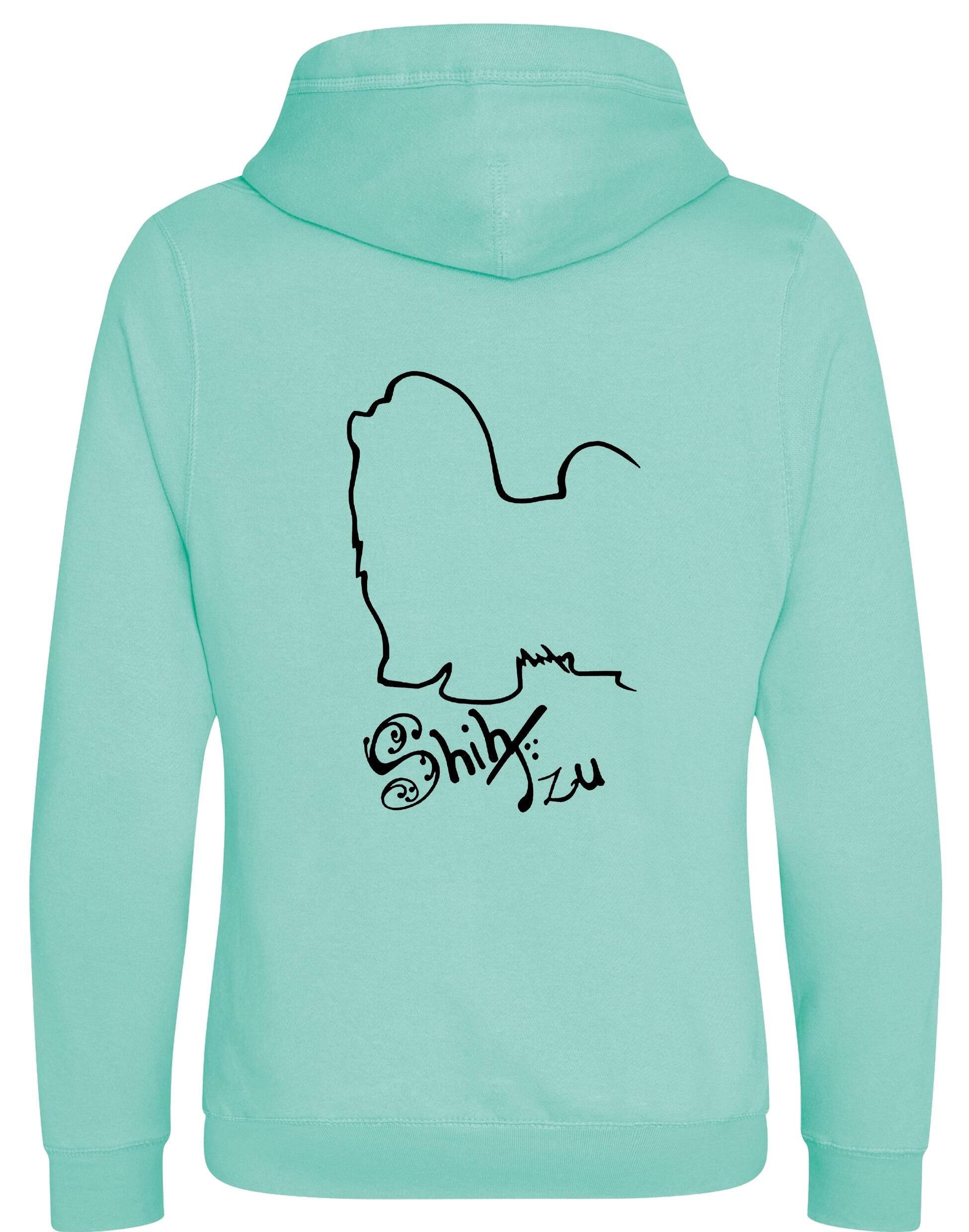 Unisex Shih Tzu crossneck hoodie with fleece lining and detailed breed design on the back, featuring kangaroo pocket and modern collar style.