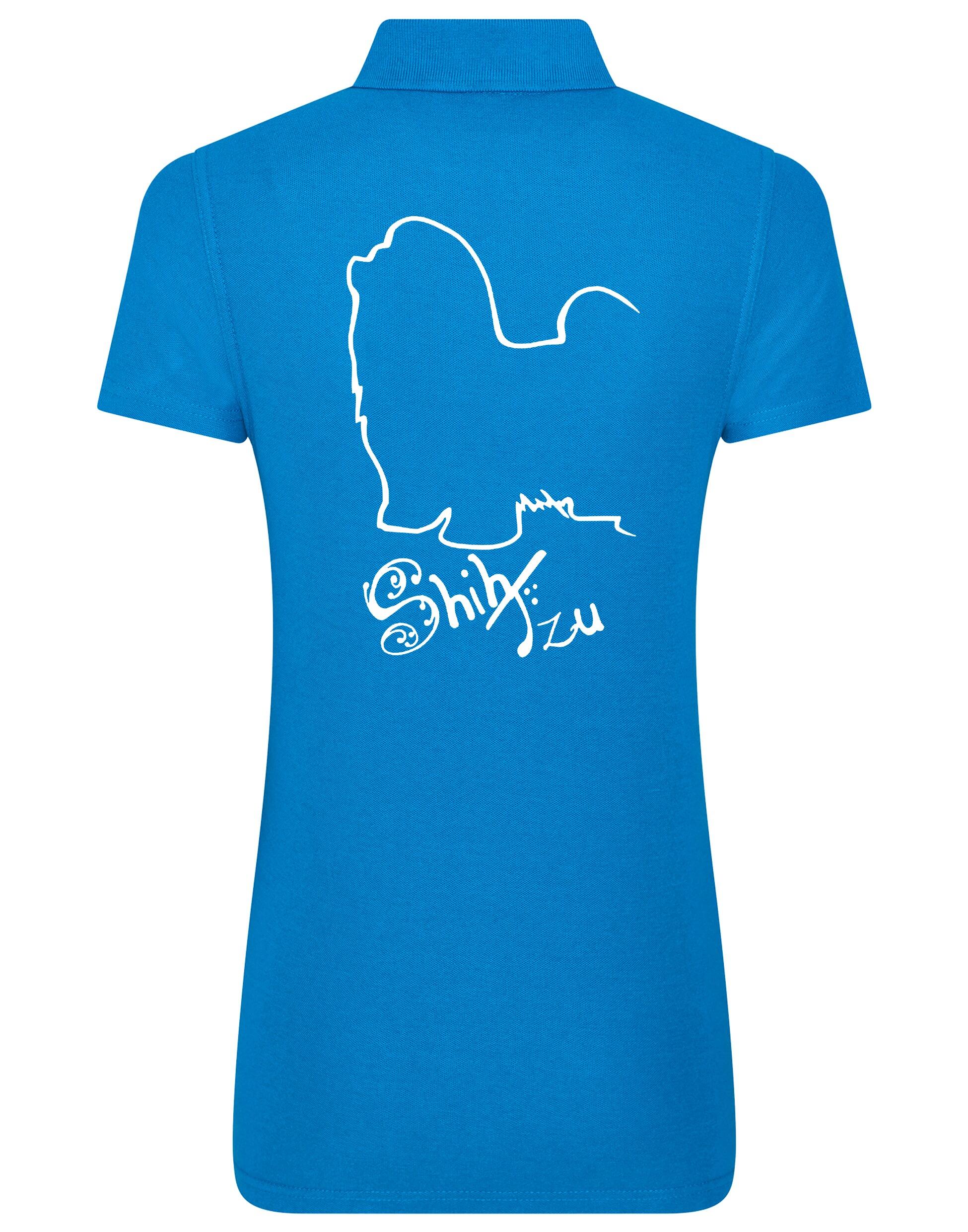Women’s cotton polo shirt featuring exclusive Shih Tzu artwork on the back, with a flattering feminine fit, breathable fabric, and classic collar—ideal for casual wear or dog events.