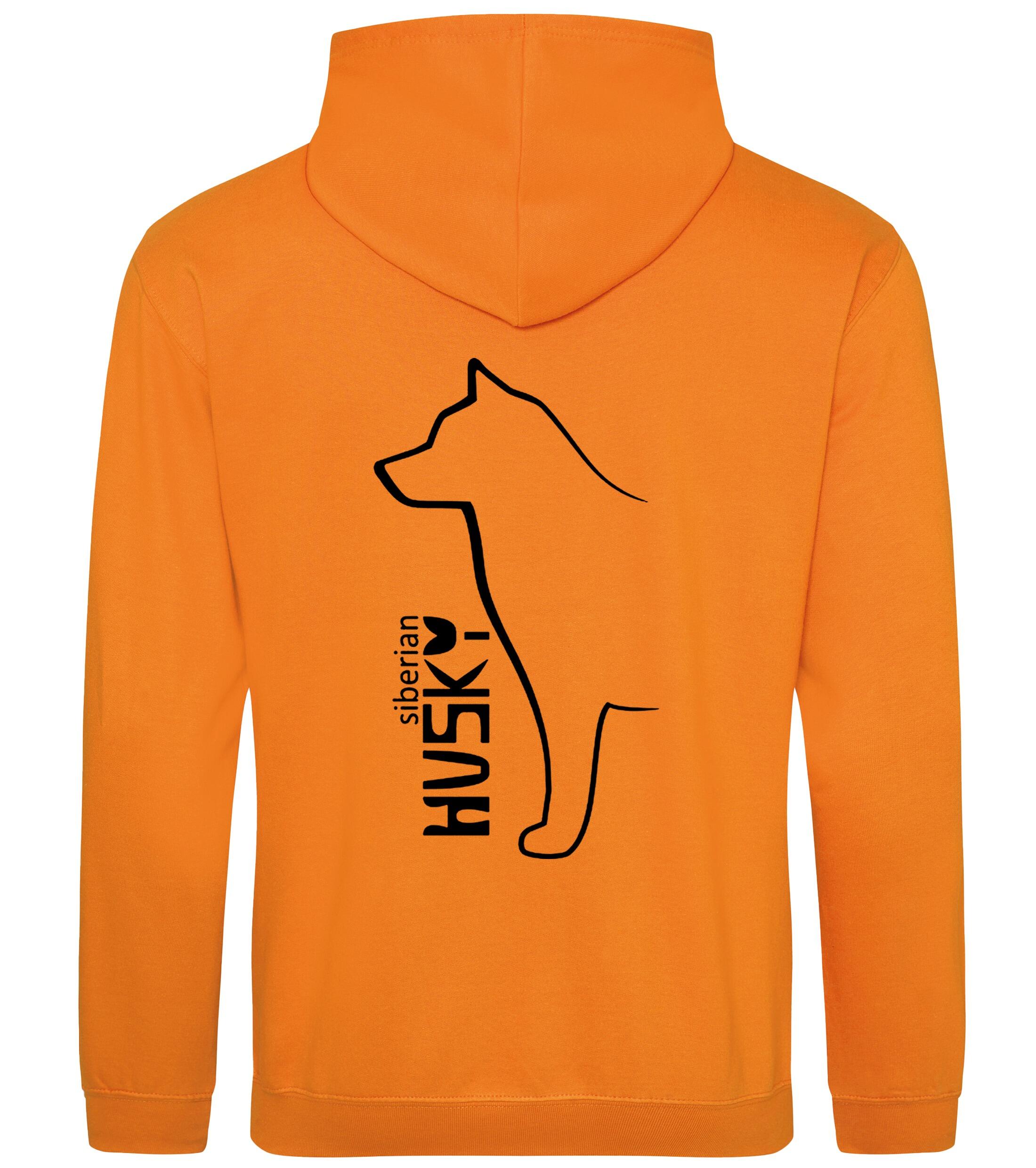 Unisex pullover hoodie featuring a detailed Siberian Husky design on the back with paw prints on the front, brushed fleece interior, double-fabric hood, and kangaroo pocket – ideal for dog walks, events, or lounging in style.